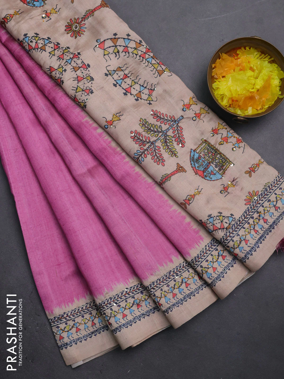 Semi tussar saree pink and beige with plain body and warli prints kantha stitch work border