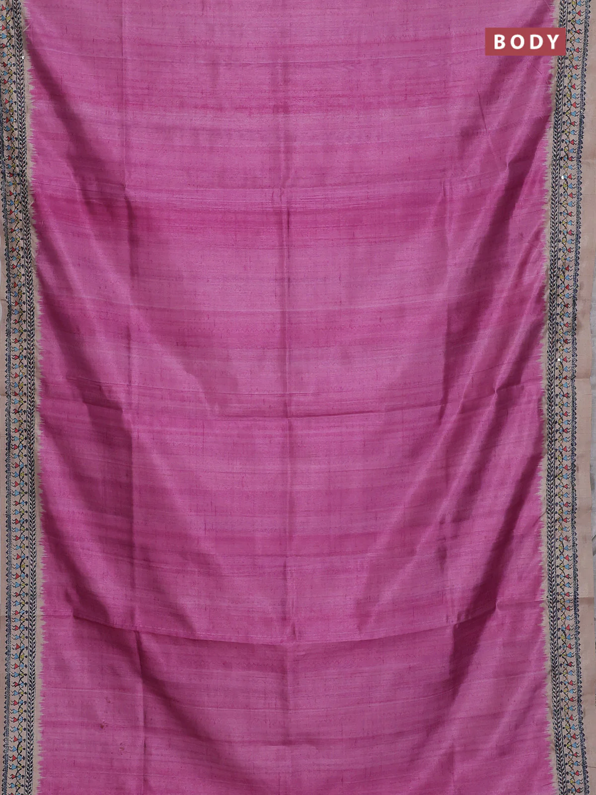 Semi tussar saree pink and beige with plain body and warli prints kantha stitch work border - Image 2