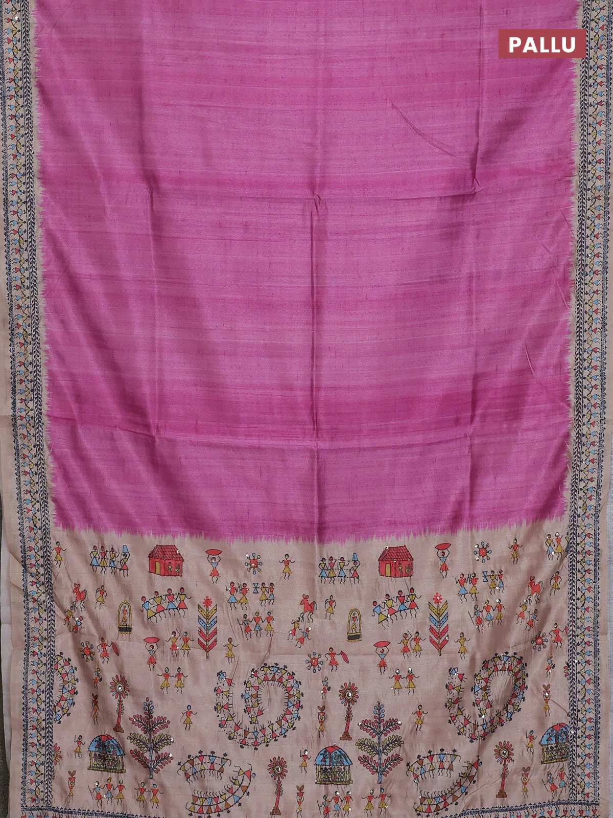 Semi tussar saree pink and beige with plain body and warli prints kantha stitch work border - Image 3