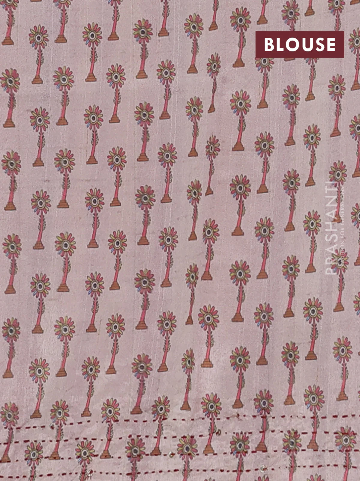 Semi tussar saree pink and beige with plain body and warli prints kantha stitch work border - Image 4