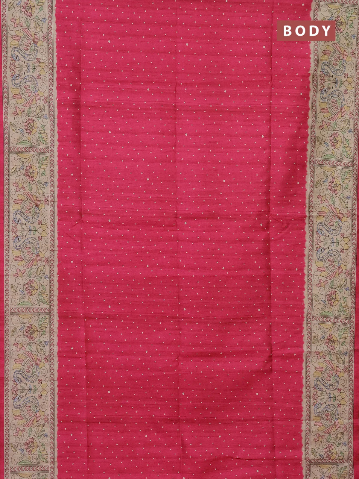 Semi tussar saree pink and beige with polka dot prints and madhubani printed pallu - Image 2