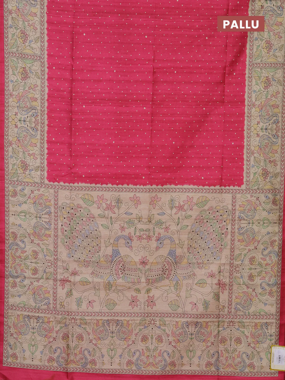 Semi tussar saree pink and beige with polka dot prints and madhubani printed pallu - Image 3