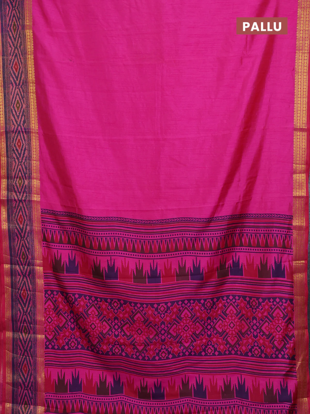 Semi tussar saree pink and blue with plain body and ikat printed pallu - Image 3