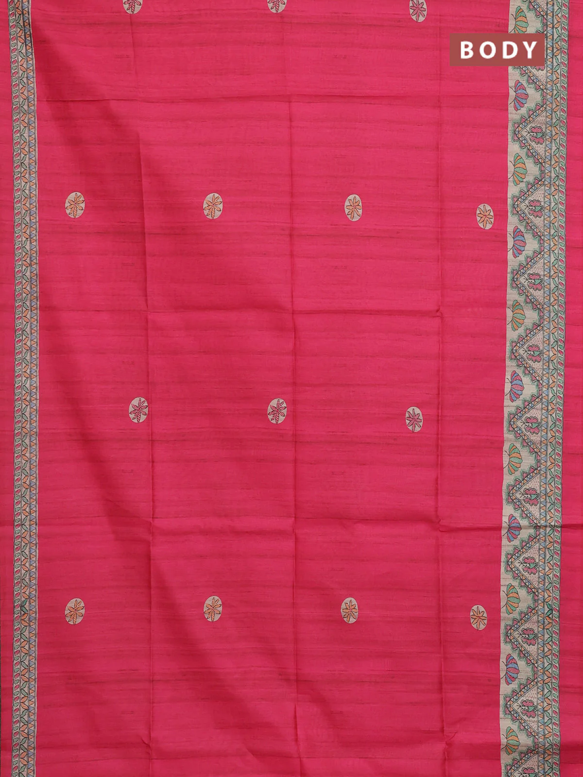 Semi tussar saree pink and cream with butta prints and madhubani printed pallu & border - Image 2