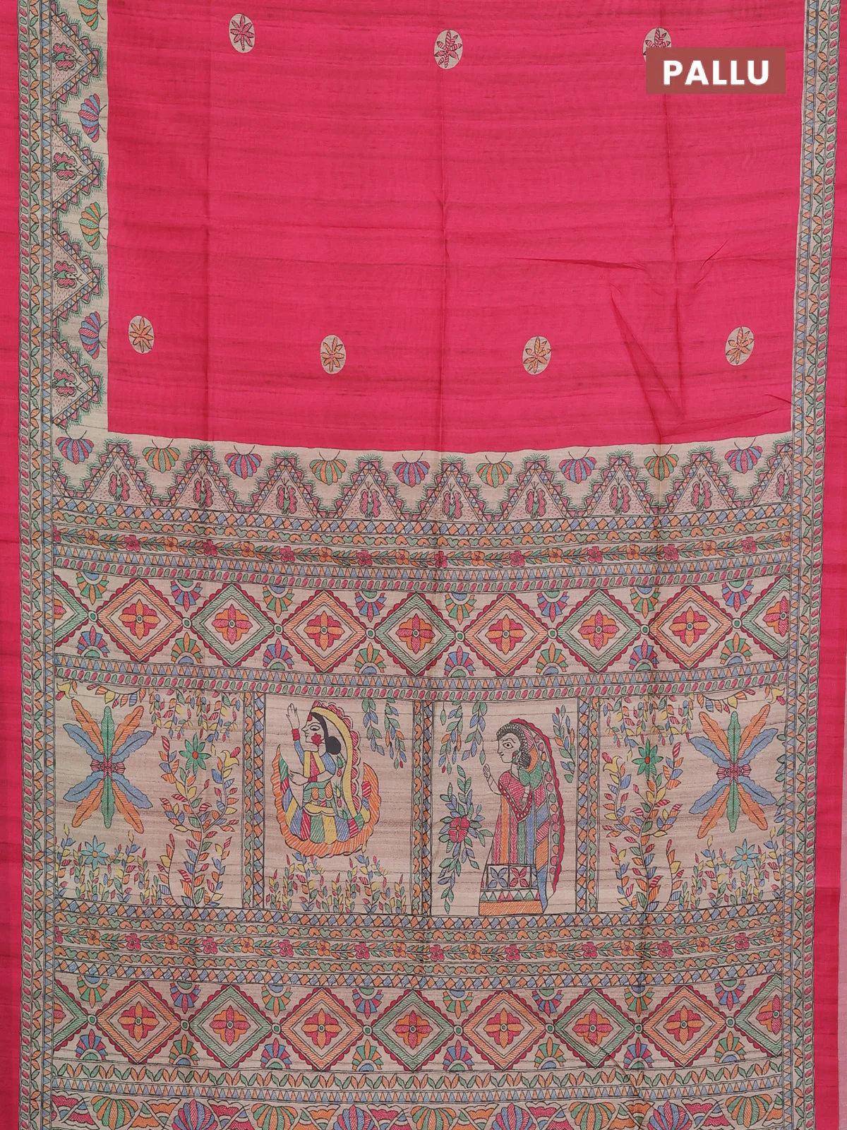 Semi tussar saree pink and cream with butta prints and madhubani printed pallu & border - Image 3
