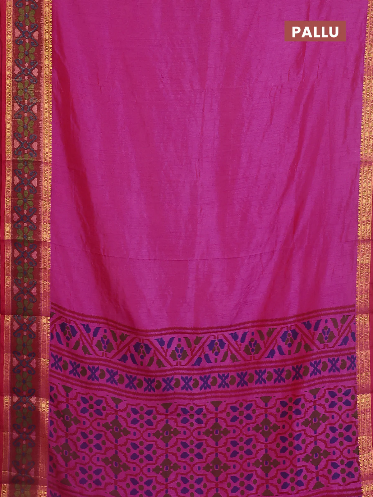 Semi tussar saree pink and maroon with plain body and ikat woven zari border - Image 3