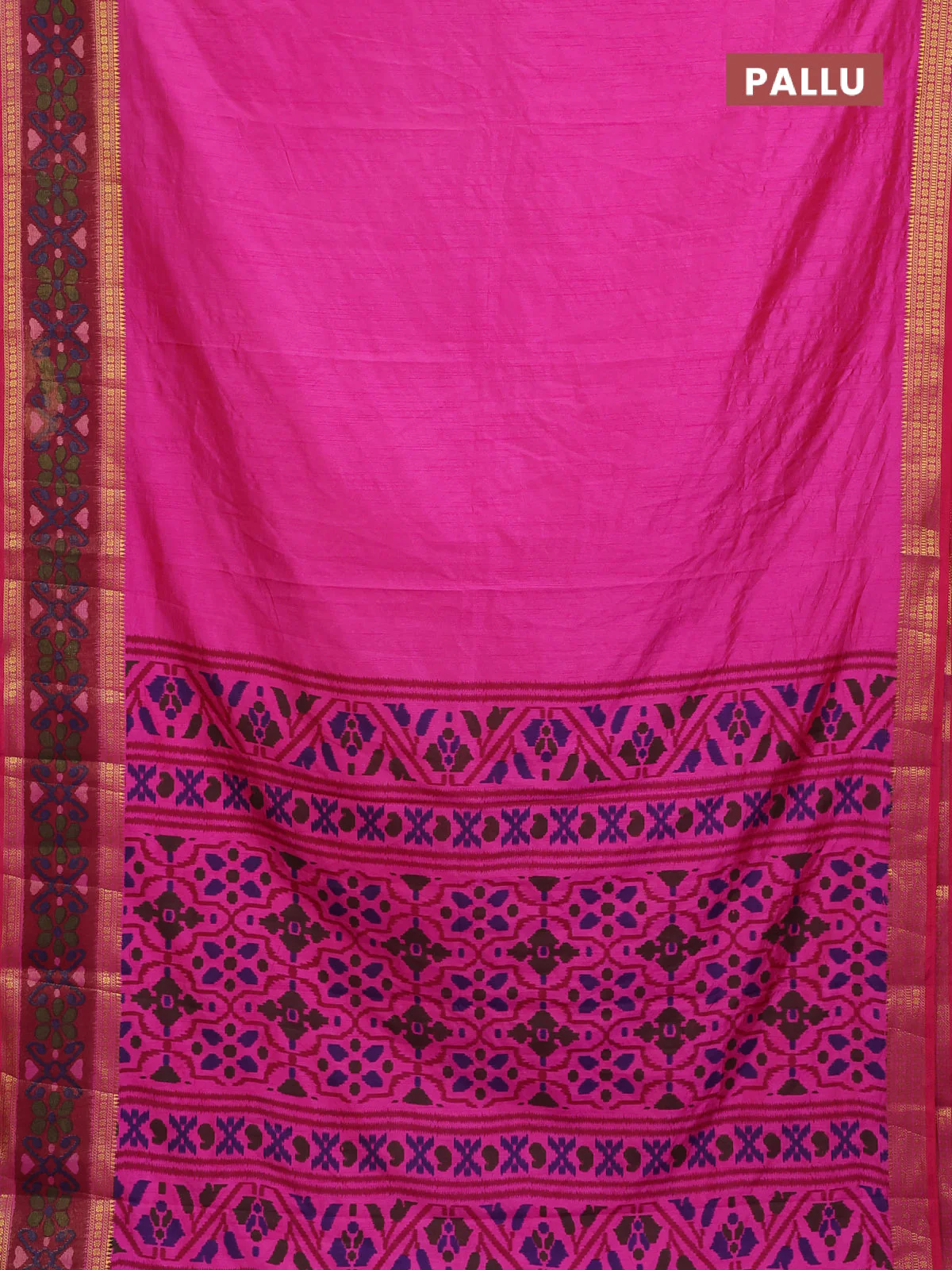 Semi tussar saree pink and maroon with plain body and ikat woven zari border - Image 3