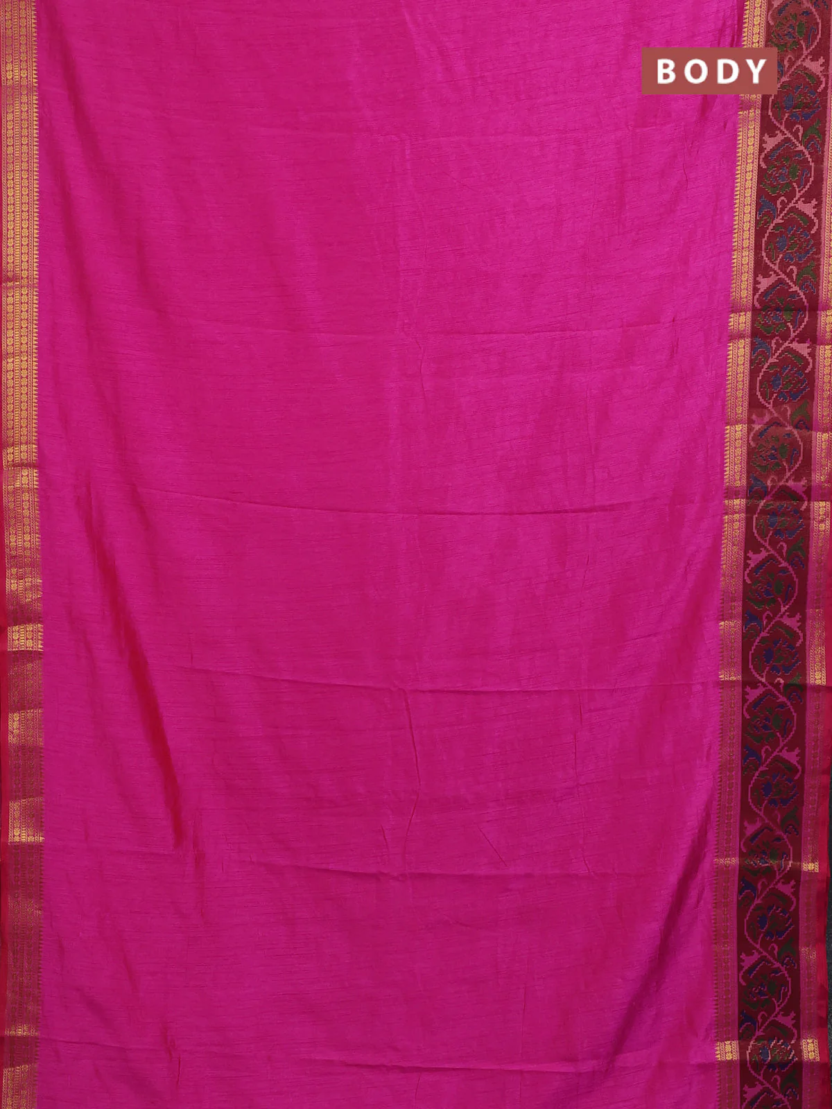 Semi tussar saree pink and maroon with plain body and ikat woven zari border - Image 2
