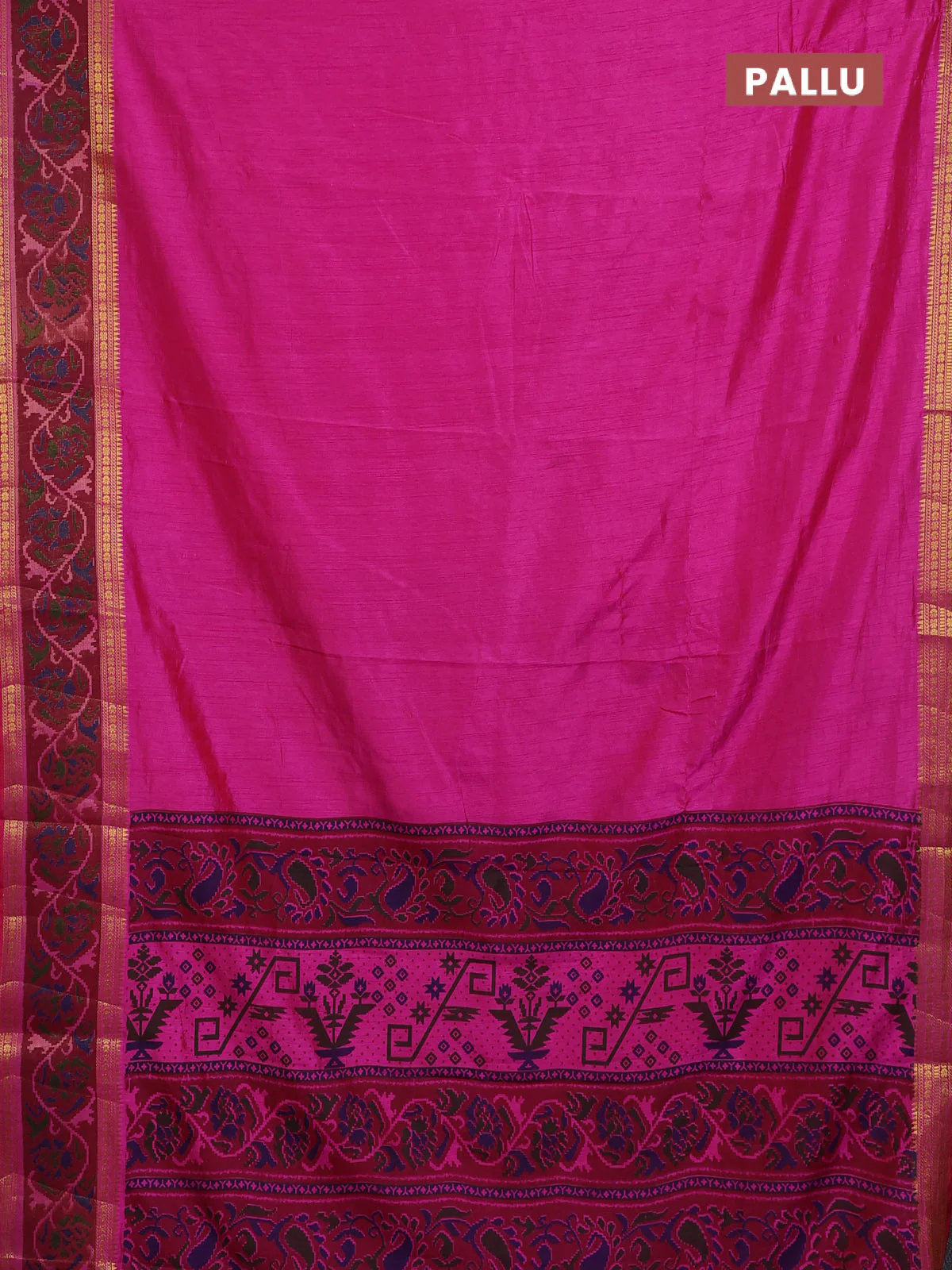 Semi tussar saree pink and maroon with plain body and ikat woven zari border - Image 3