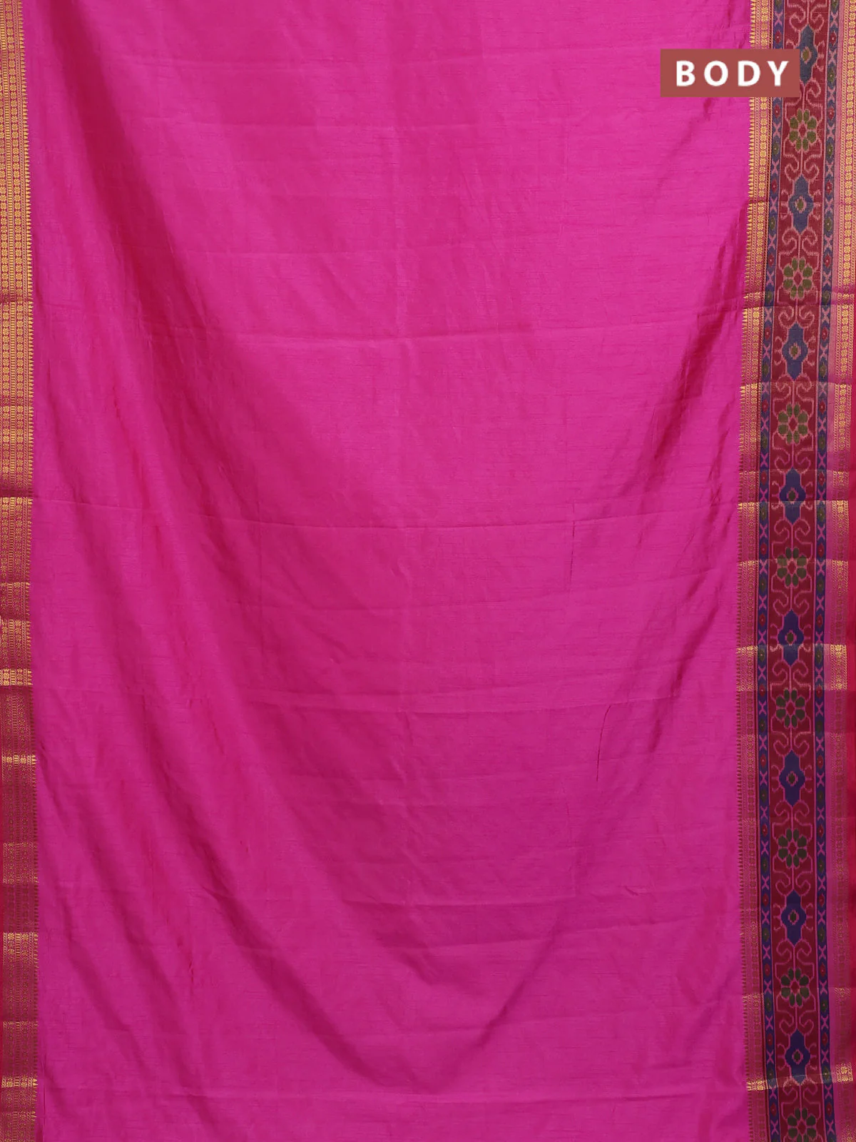 Semi tussar saree pink and maroon with plain body and ikat woven zari border - Image 2