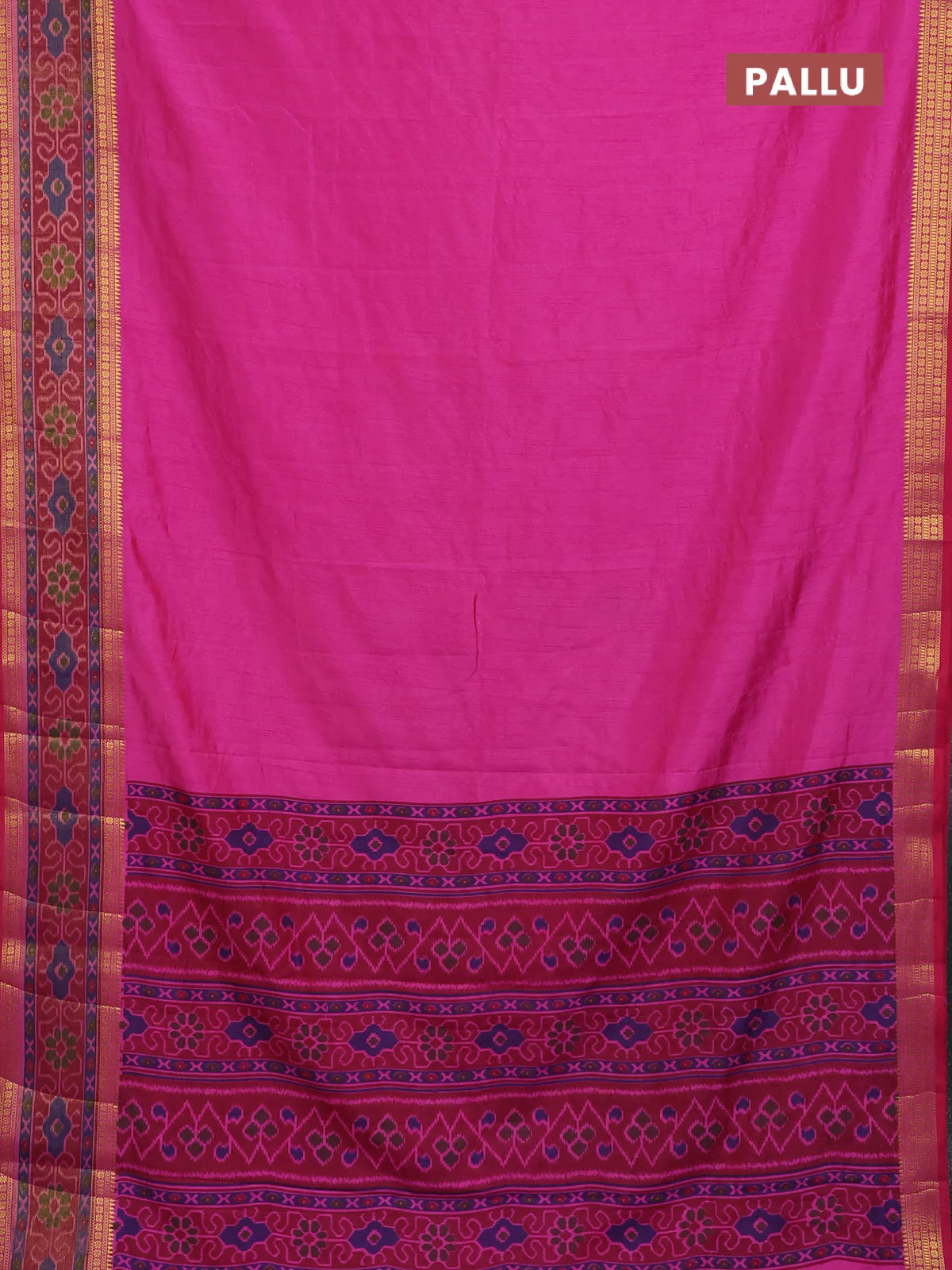Semi tussar saree pink and maroon with plain body and ikat woven zari border - Image 3