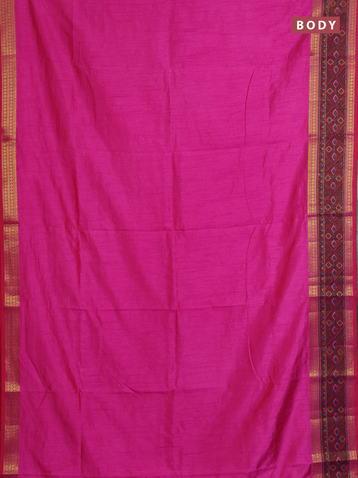 Semi tussar saree pink and maroon with plain body and ikat woven zari border - Image 2