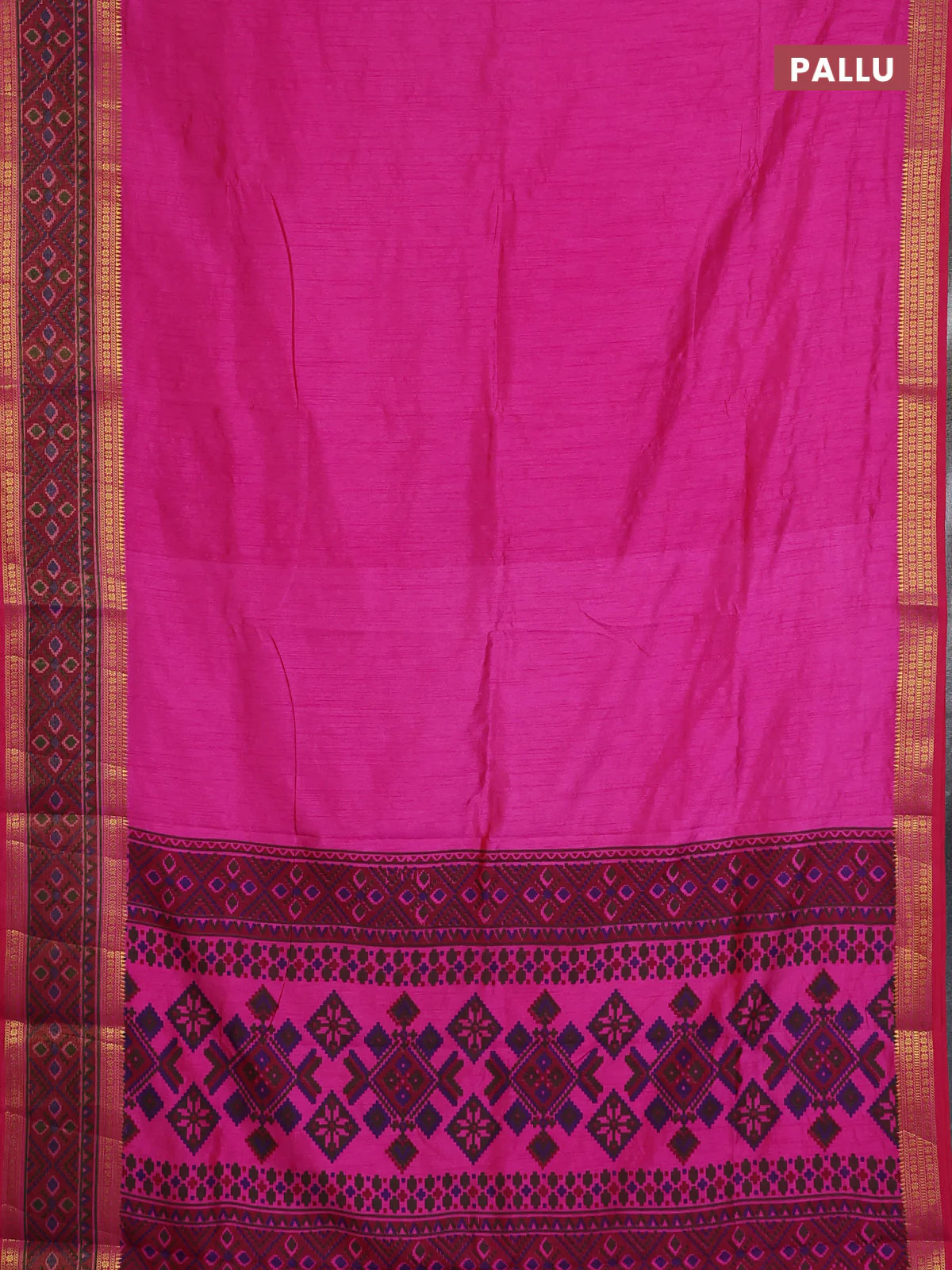 Semi tussar saree pink and maroon with plain body and ikat woven zari border - Image 3