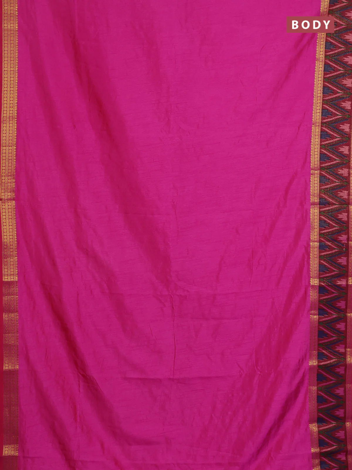 Semi tussar saree pink and maroon with plain body and ikat woven zari border - Image 2