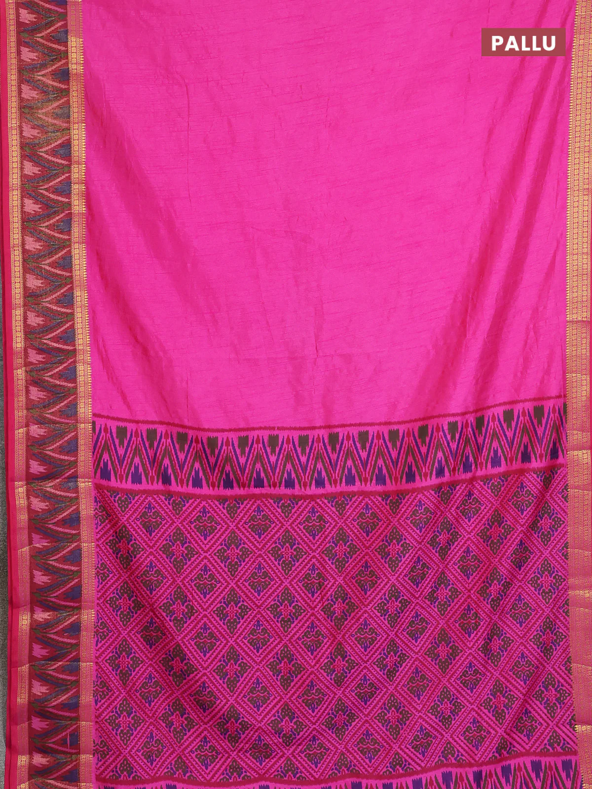 Semi tussar saree pink and maroon with plain body and ikat woven zari border - Image 3