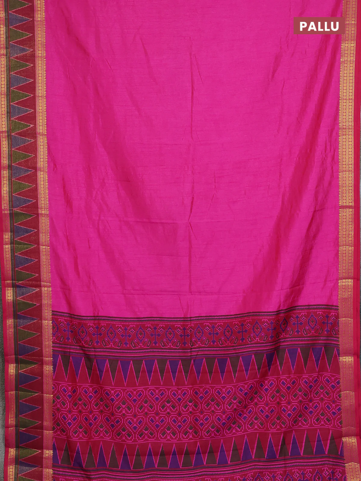 Semi tussar saree pink and maroon with plain body and ikat woven zari border - Image 3