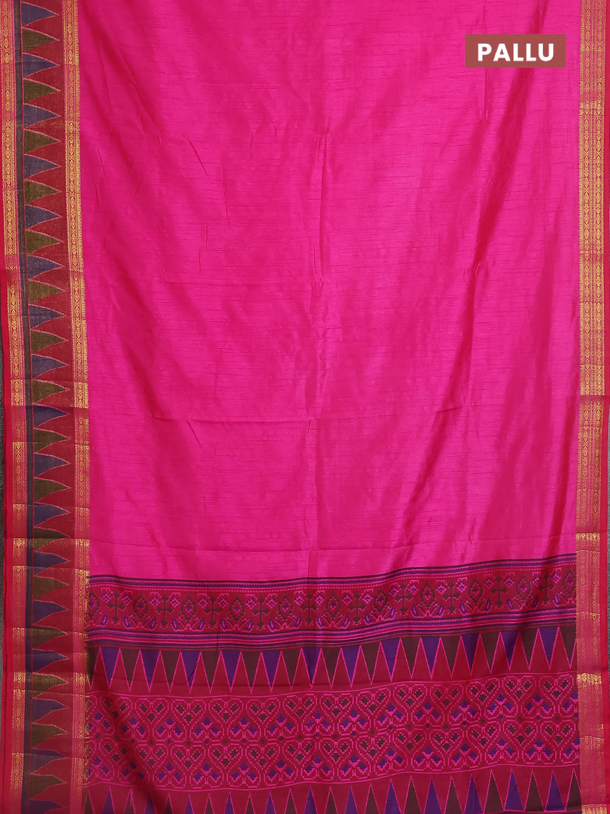Semi tussar saree pink and maroon with plain body and ikat woven zari border - Image 3
