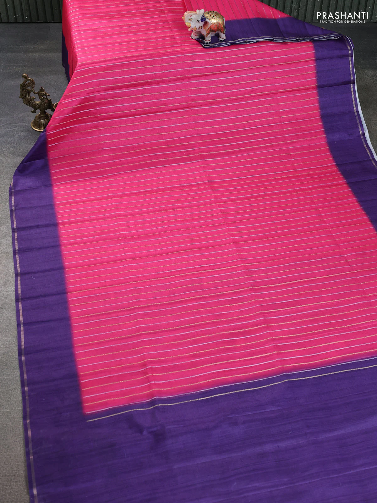 Semi tussar saree pink and violet with allover silver & gold zari weaves and simple zari border - Image 2