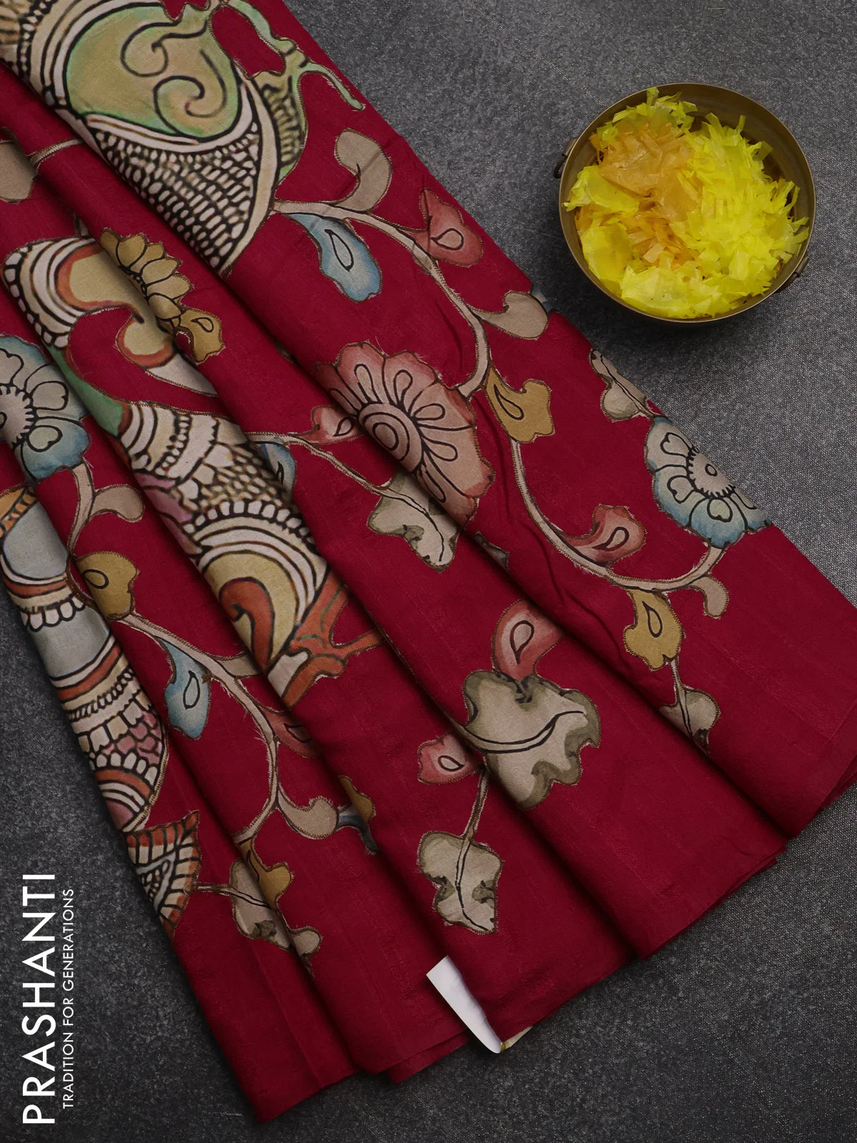 Semi tussar saree pink with kalamkari applique work in borderless style - Image 2