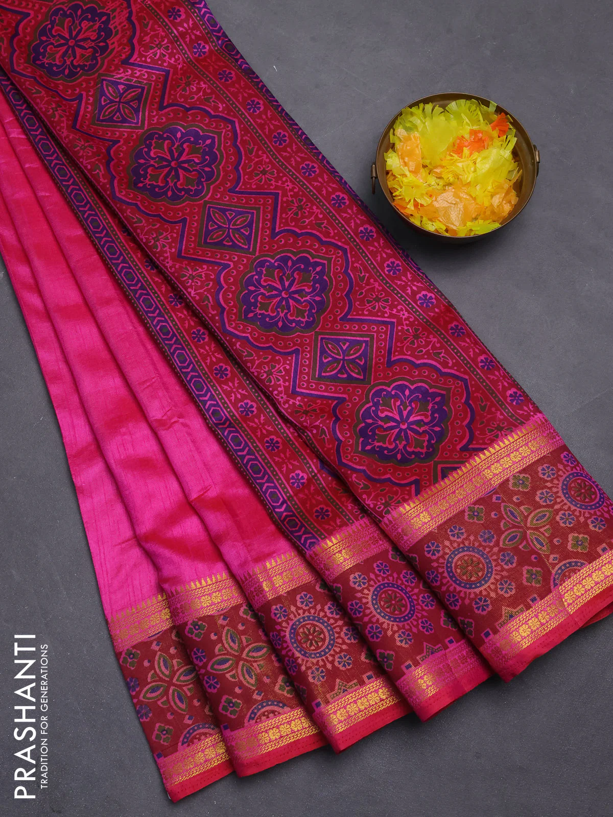 Semi tussar saree pink with plain body and ikat woven zari border