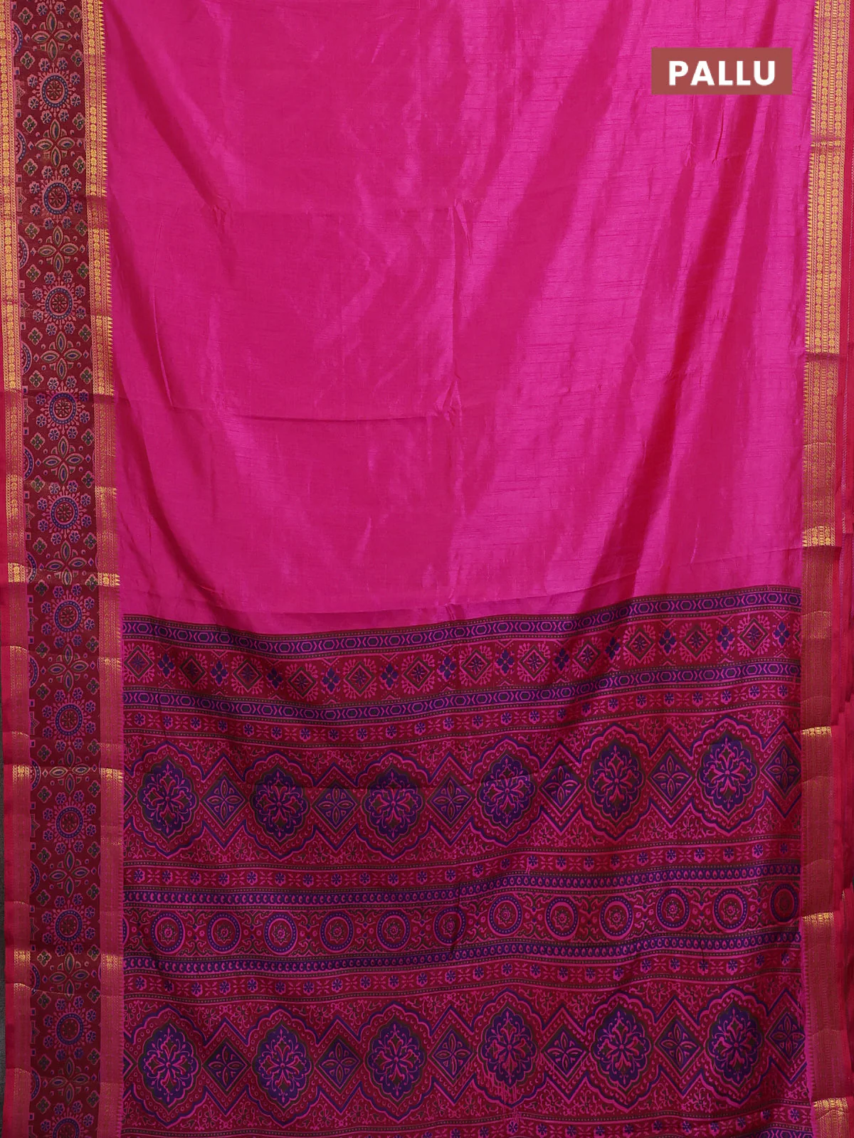 Semi tussar saree pink with plain body and ikat woven zari border - Image 3