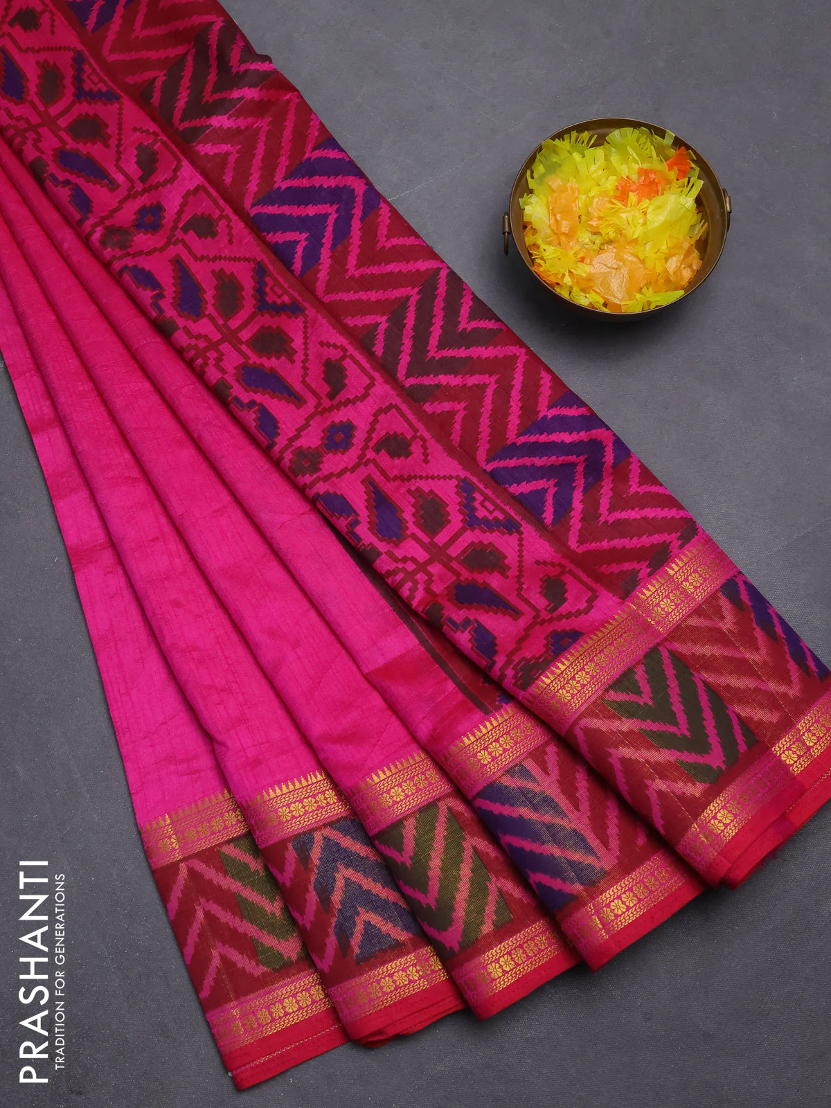 Semi tussar saree pink with plain body and ikat woven zari border