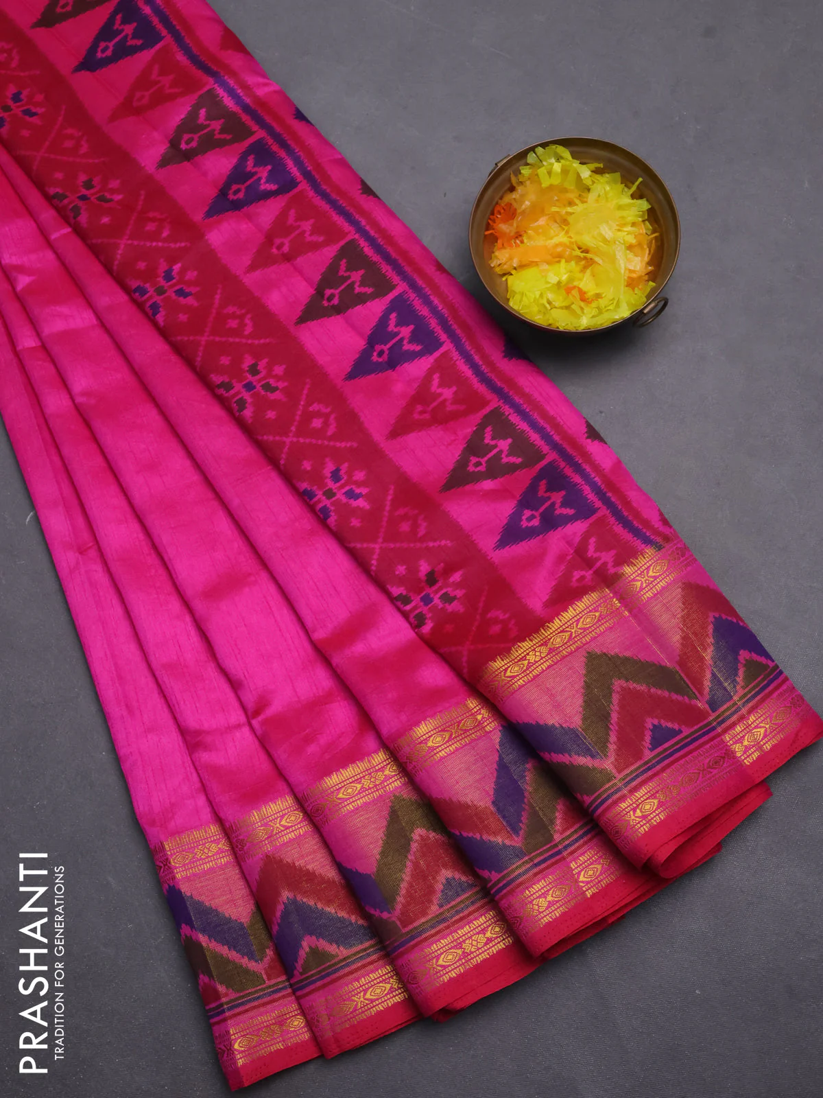 Semi tussar saree pink with plain body and ikat woven zari border