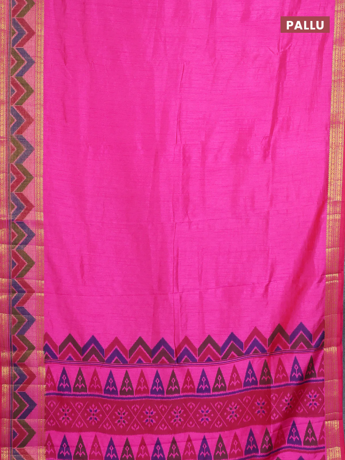Semi tussar saree pink with plain body and ikat woven zari border - Image 3