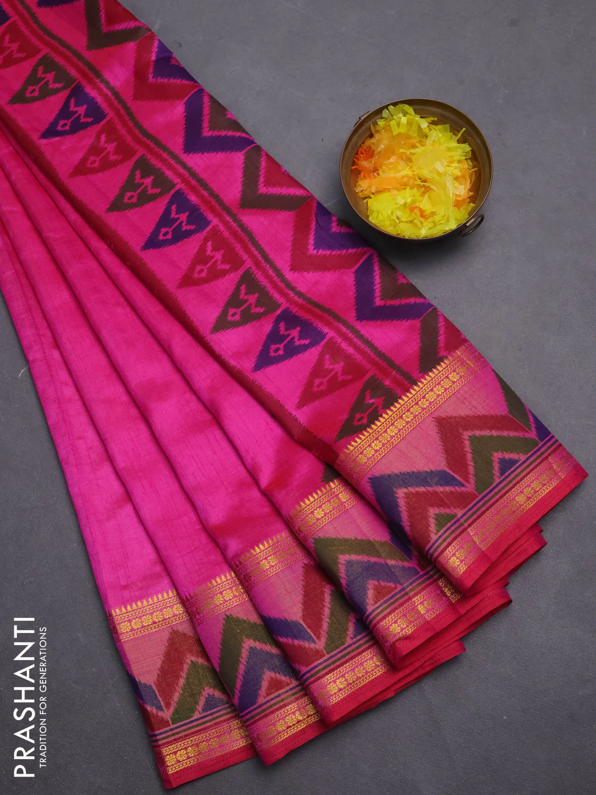 Semi tussar saree pink with plain body and ikat woven zari border