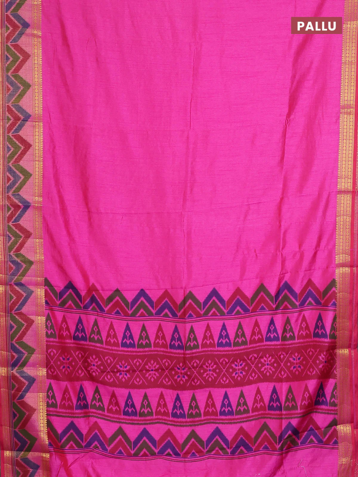 Semi tussar saree pink with plain body and ikat woven zari border - Image 3