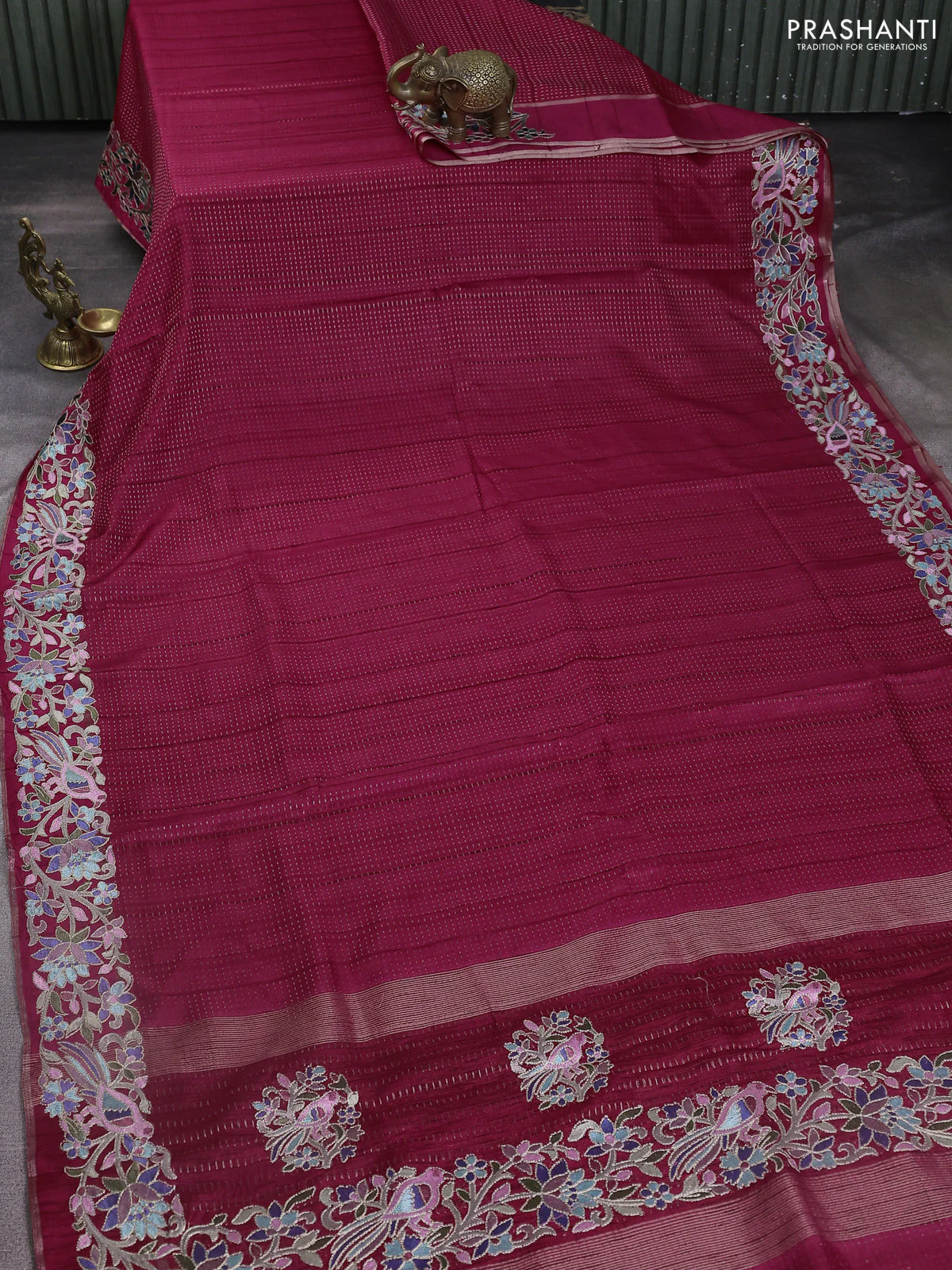 Semi tussar saree pink with zari weaves and embroidery border - Image 2