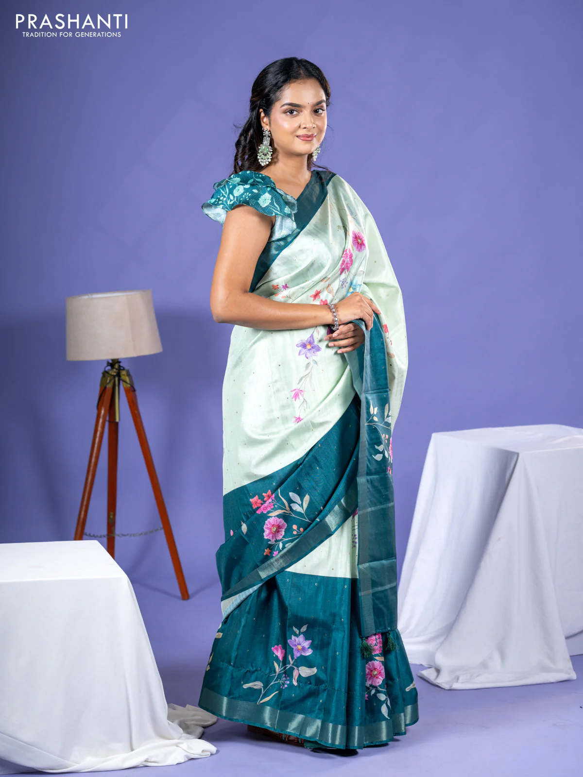 Semi tussar saree pista green and peacock green with allover zari buttas & flotal digital prints and zari woven border - Image 2