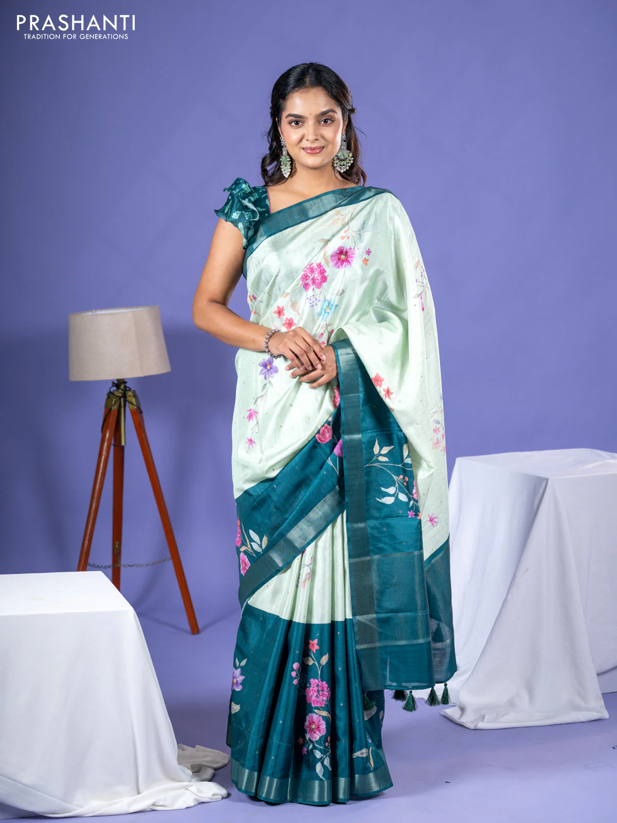 Semi tussar saree pista green and peacock green with allover zari buttas & flotal digital prints and zari woven border - Image 3