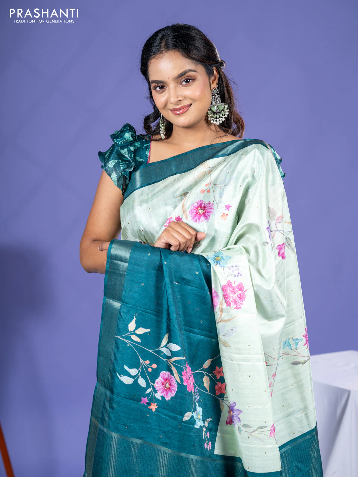 Semi tussar saree pista green and peacock green with allover zari buttas & flotal digital prints and zari woven border - Image 4
