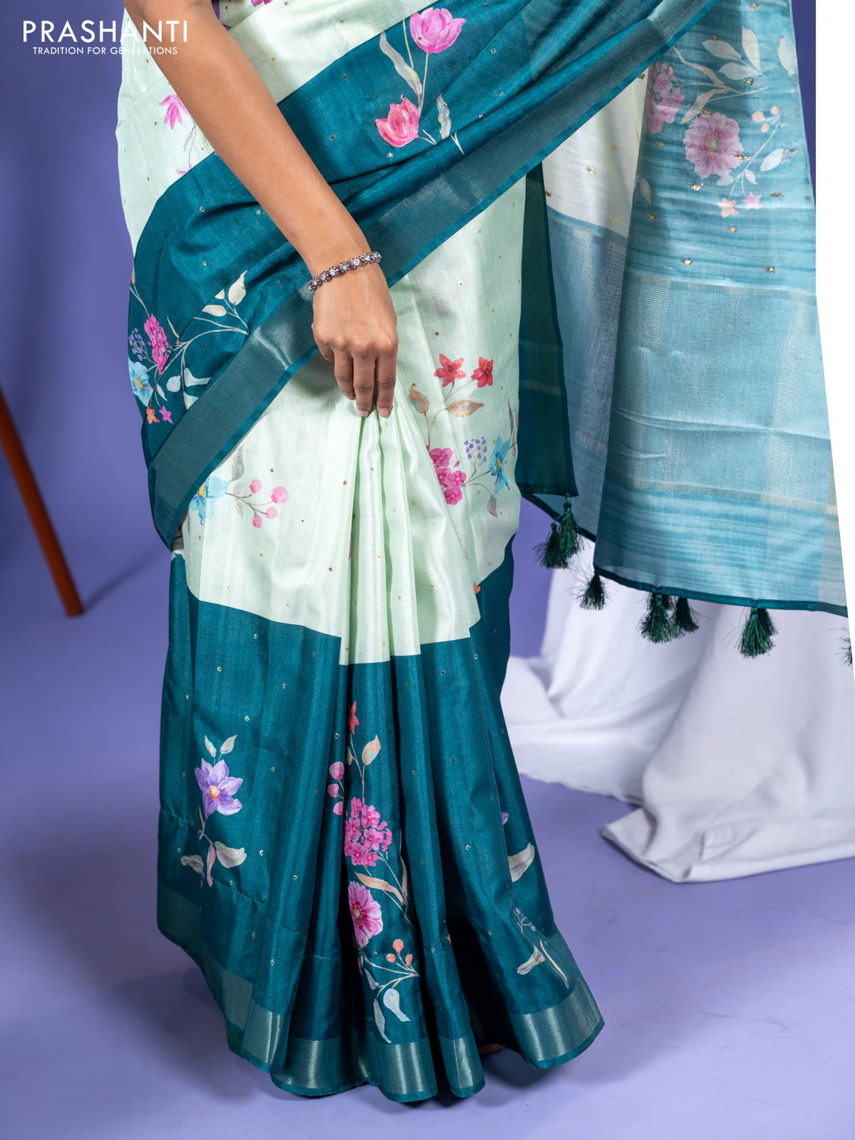 Semi tussar saree pista green and peacock green with allover zari buttas & flotal digital prints and zari woven border - Image 5