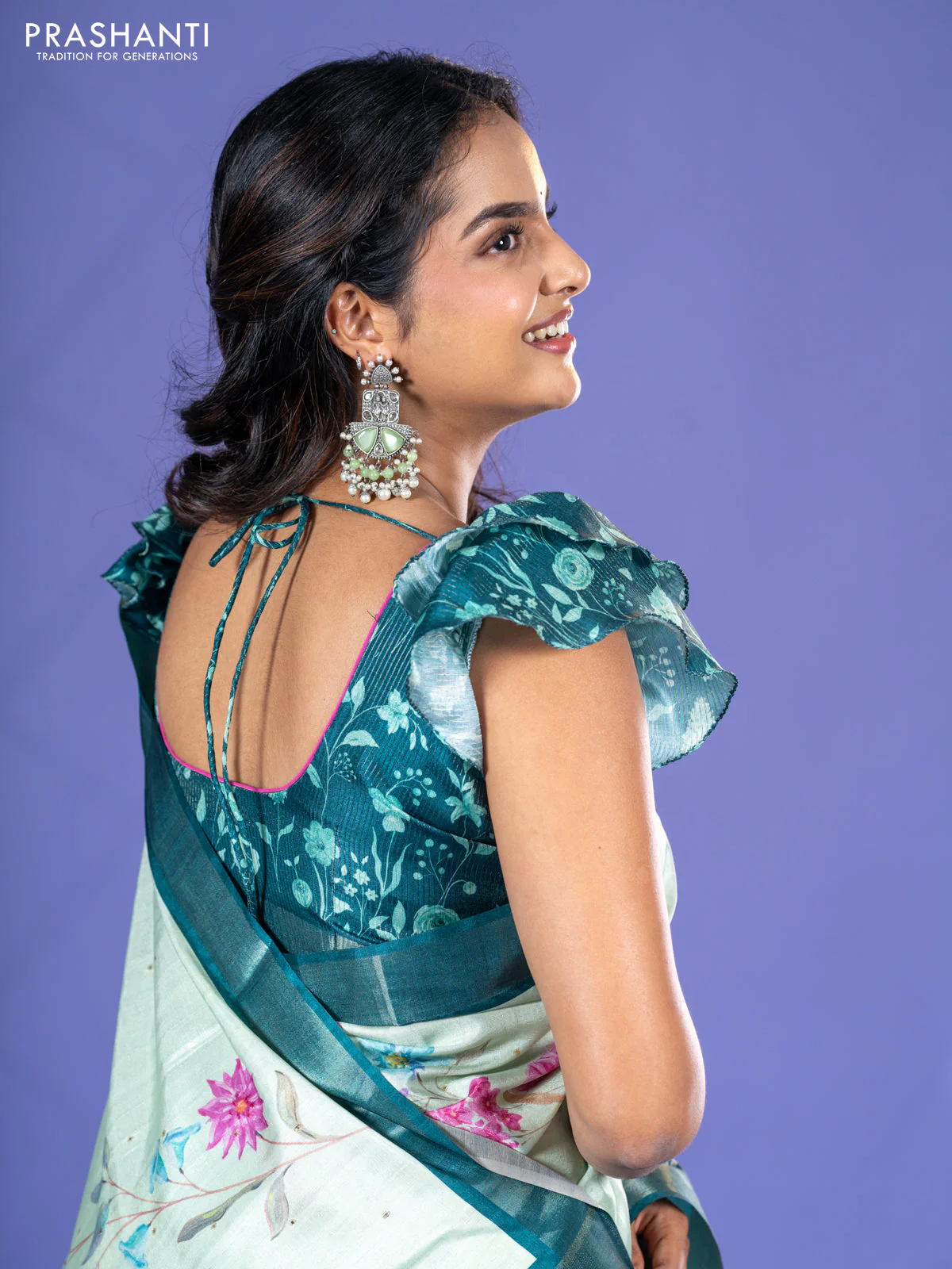 Semi tussar saree pista green and peacock green with allover zari buttas & flotal digital prints and zari woven border - Image 6