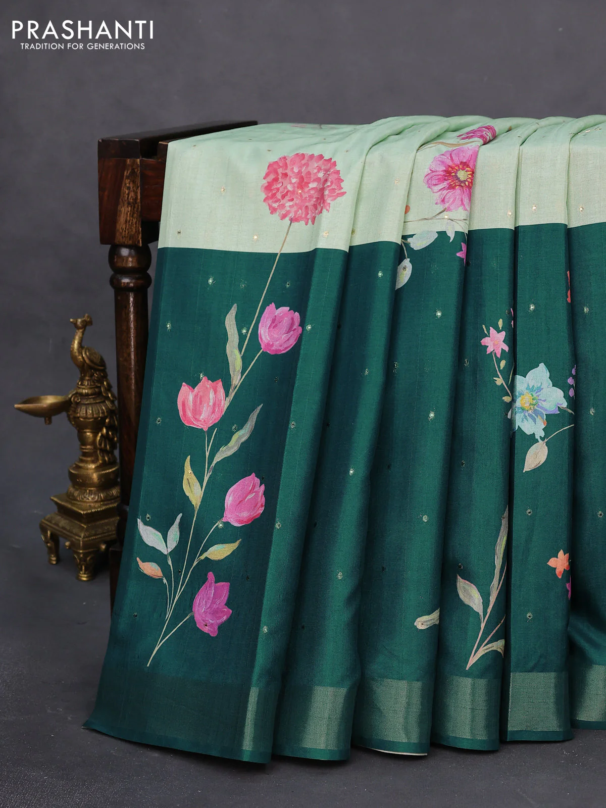 Semi tussar saree pista green and peacock green with allover zari buttas & flotal digital prints and zari woven border - Image 7
