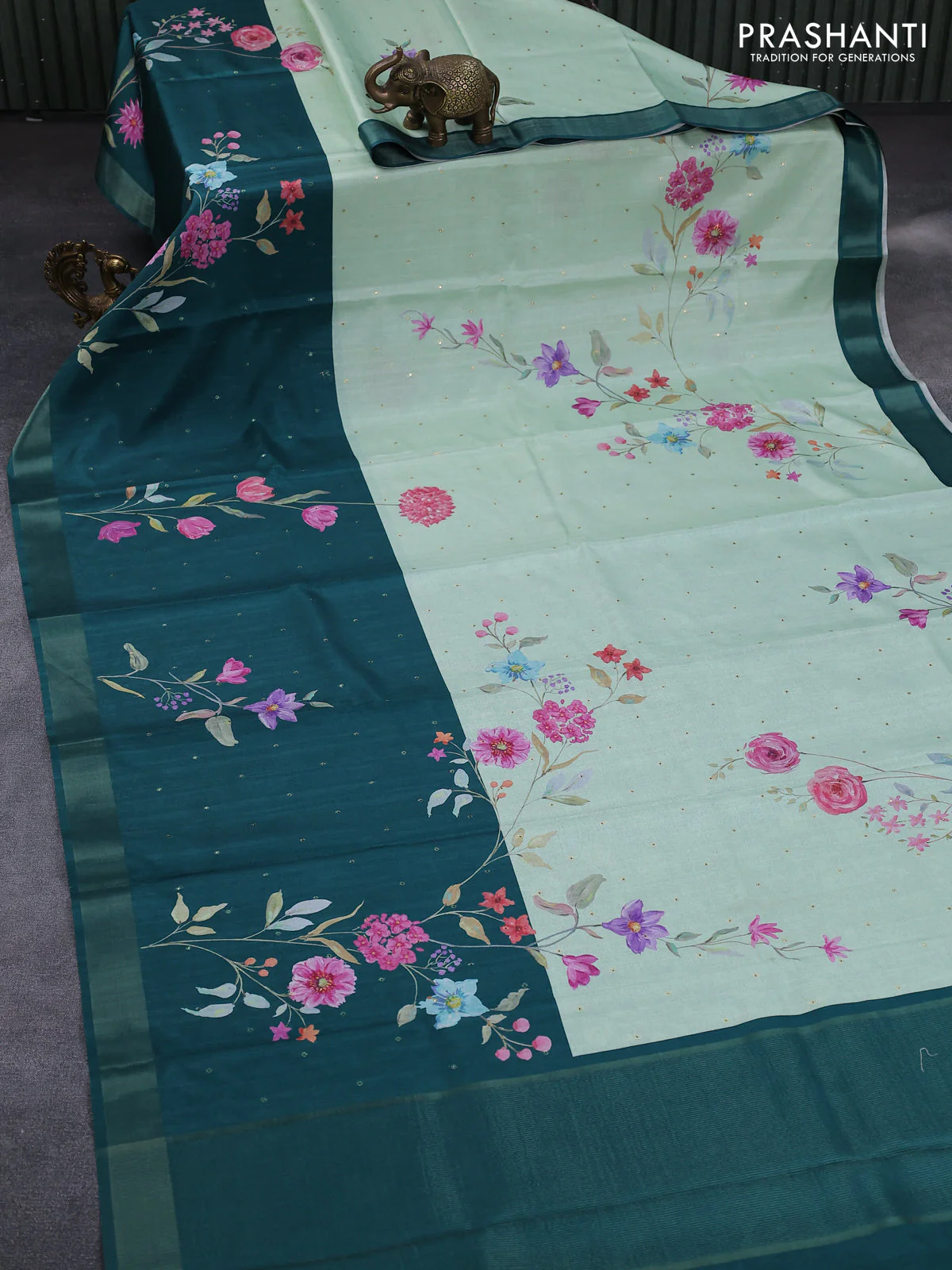Semi tussar saree pista green and peacock green with allover zari buttas & flotal digital prints and zari woven border - Image 8