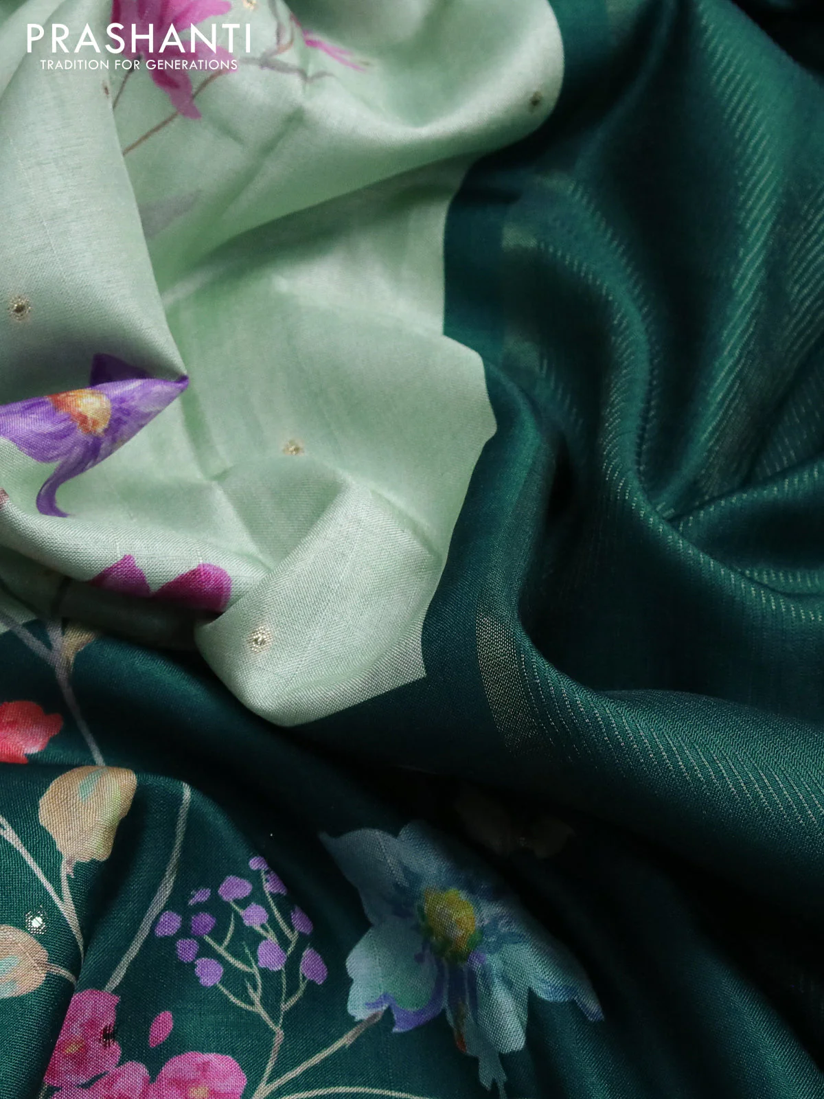 Semi tussar saree pista green and peacock green with allover zari buttas & flotal digital prints and zari woven border - Image 9