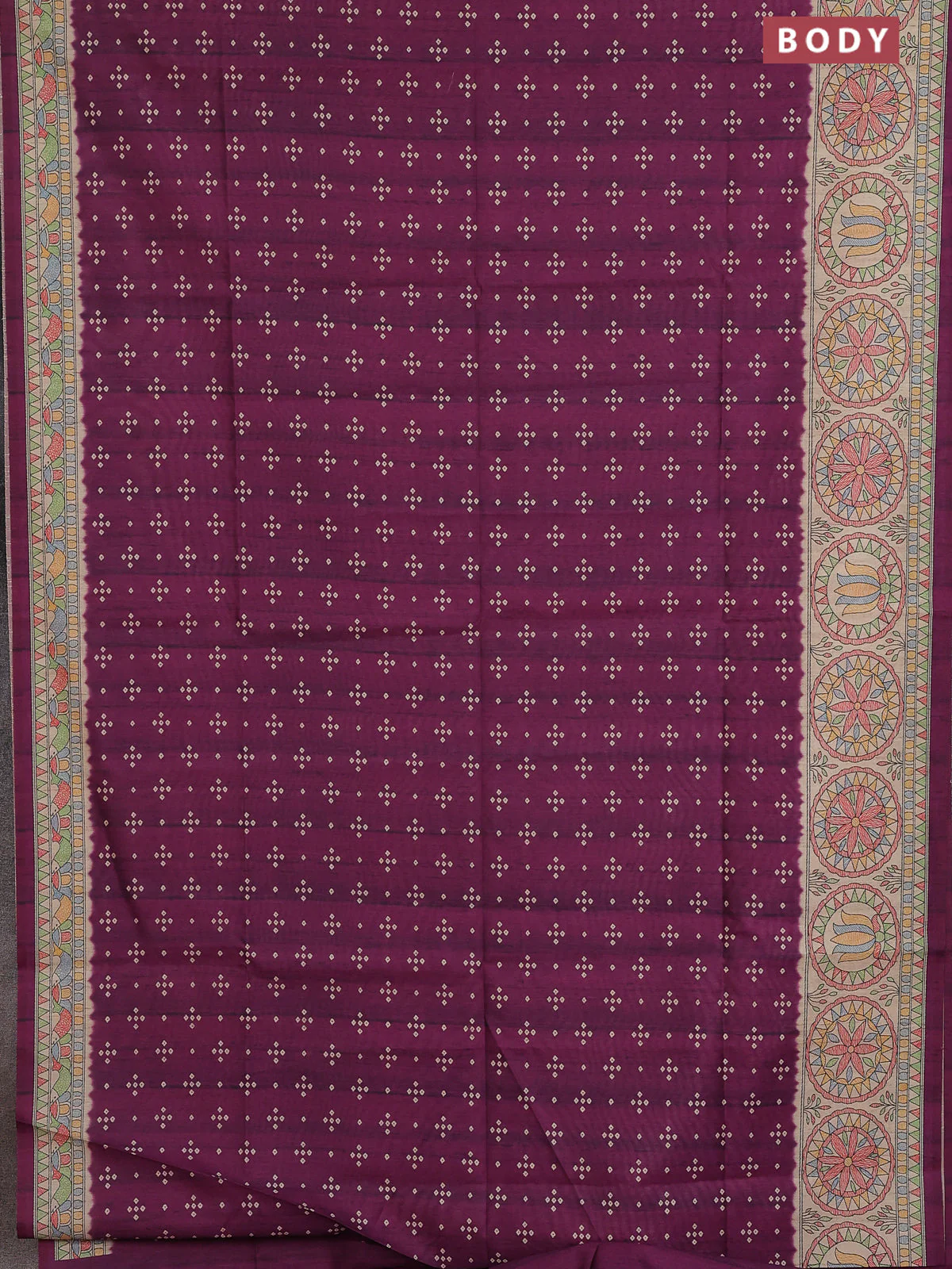 Semi tussar saree purple and beige with allover bandhani prints and madhubani printed pallu & border - Image 2