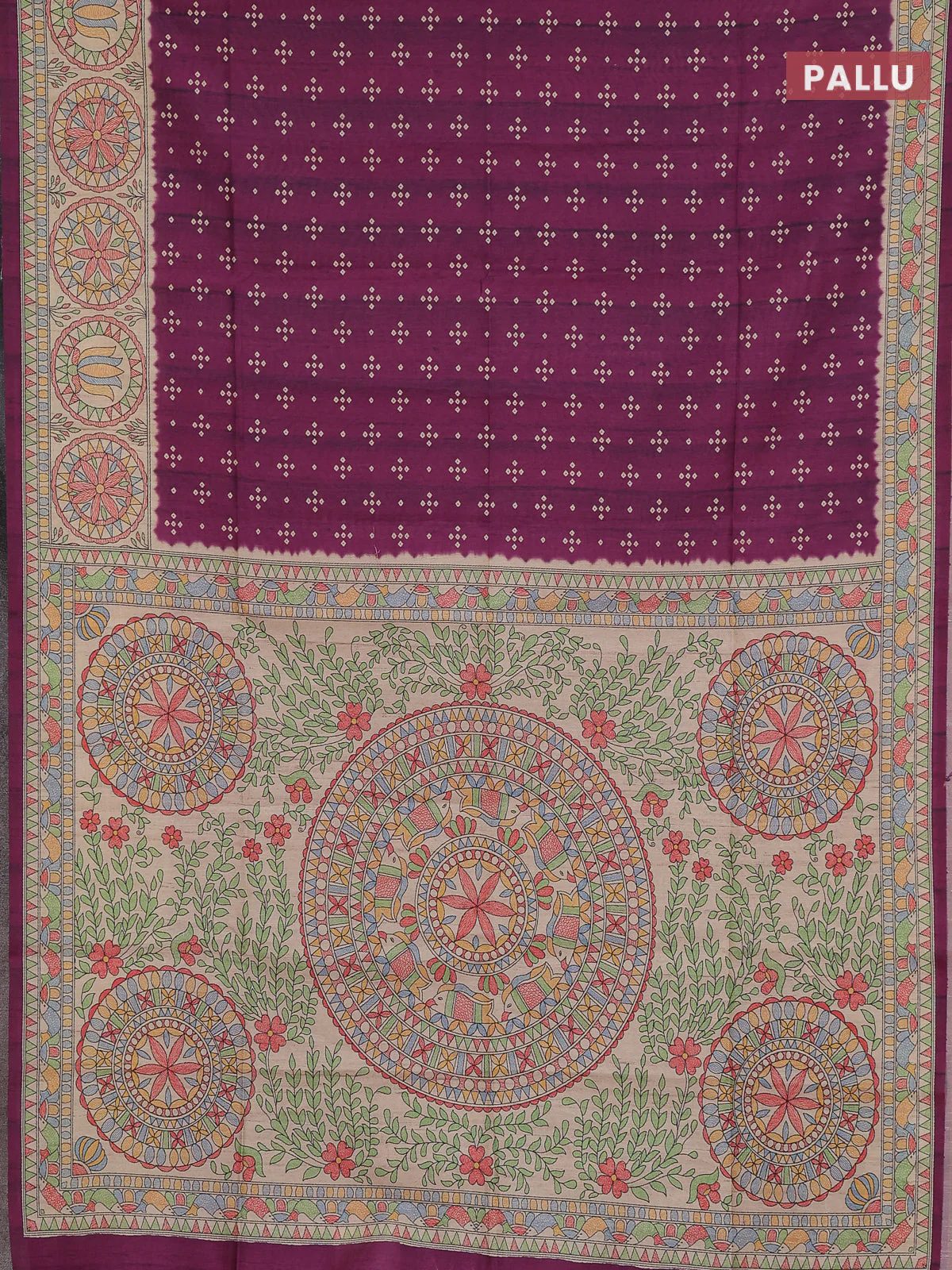 Semi tussar saree purple and beige with allover bandhani prints and madhubani printed pallu & border - Image 3