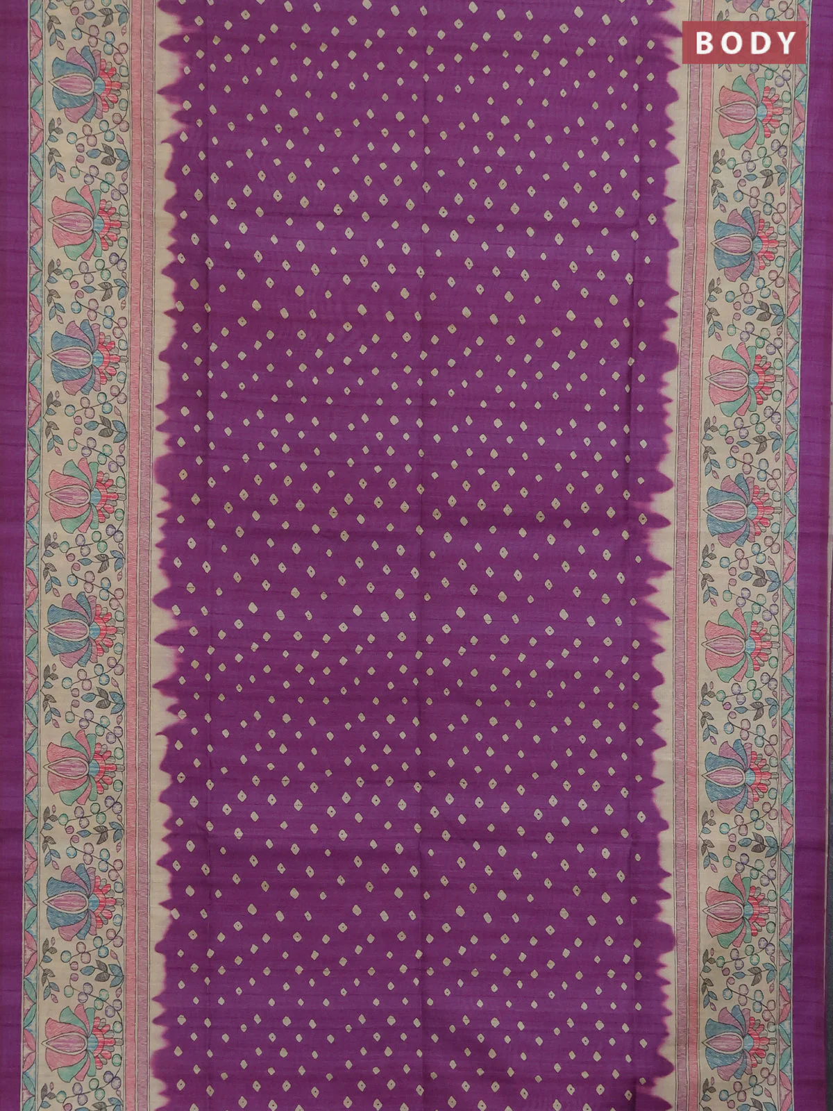 Semi tussar saree purple and beige with allover bandhani prints and madhubani printed pallu & border - Image 2