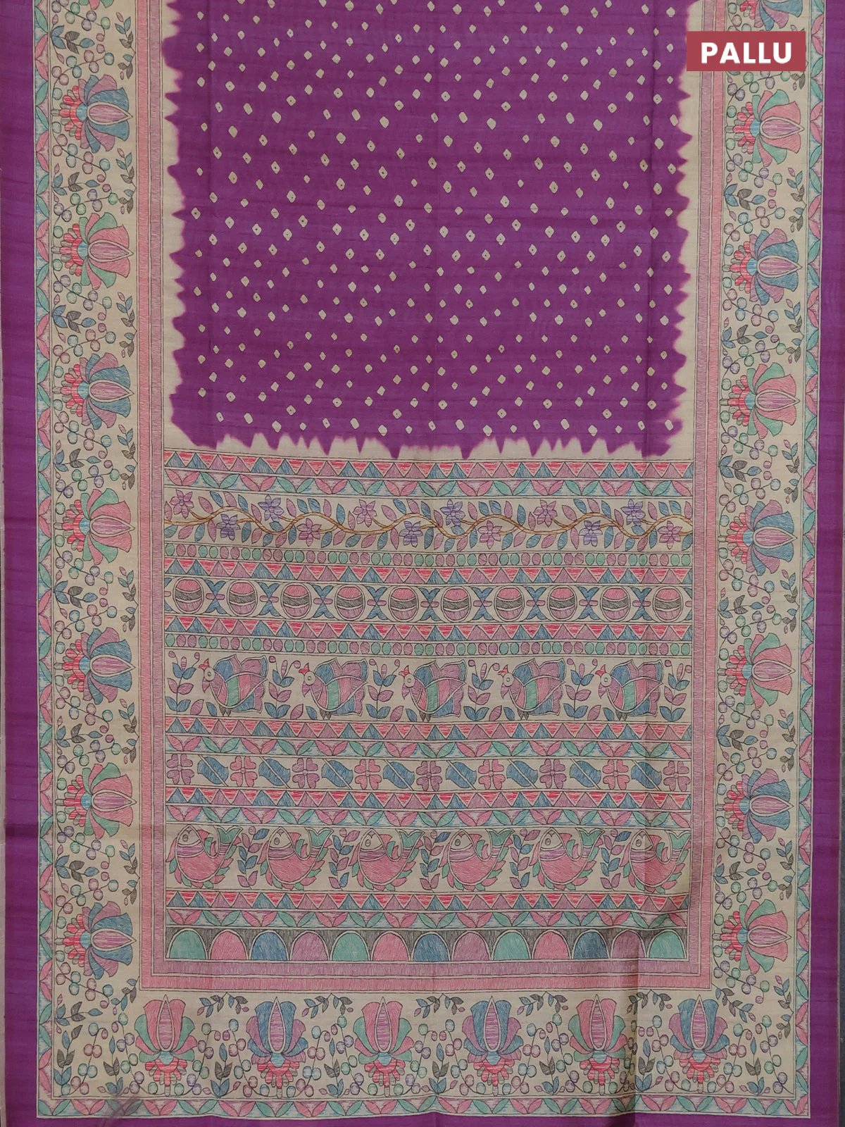Semi tussar saree purple and beige with allover bandhani prints and madhubani printed pallu & border - Image 3