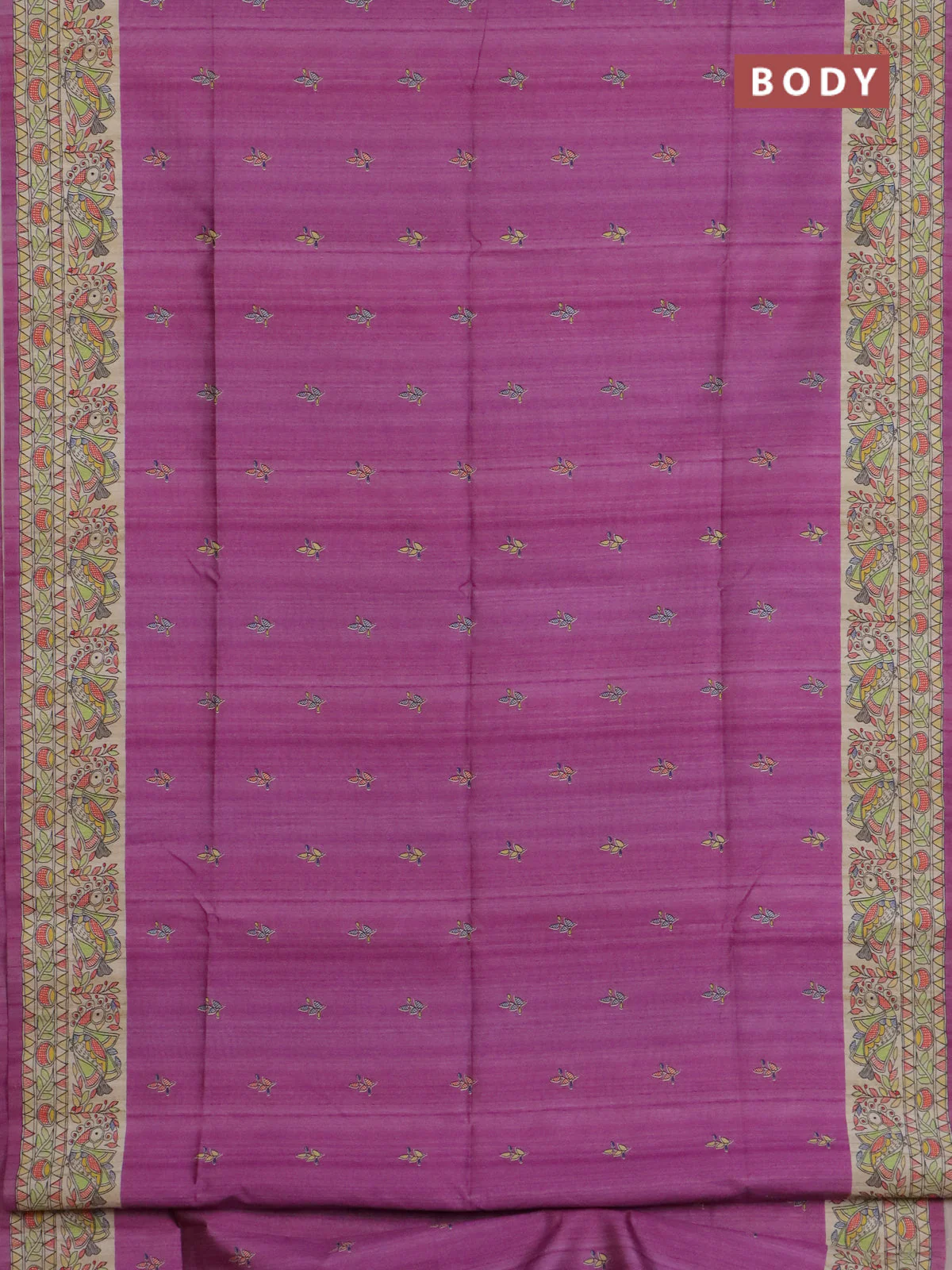 Semi tussar saree purple and beige with allover butta prints and madhubani printed pallu & border - Image 2