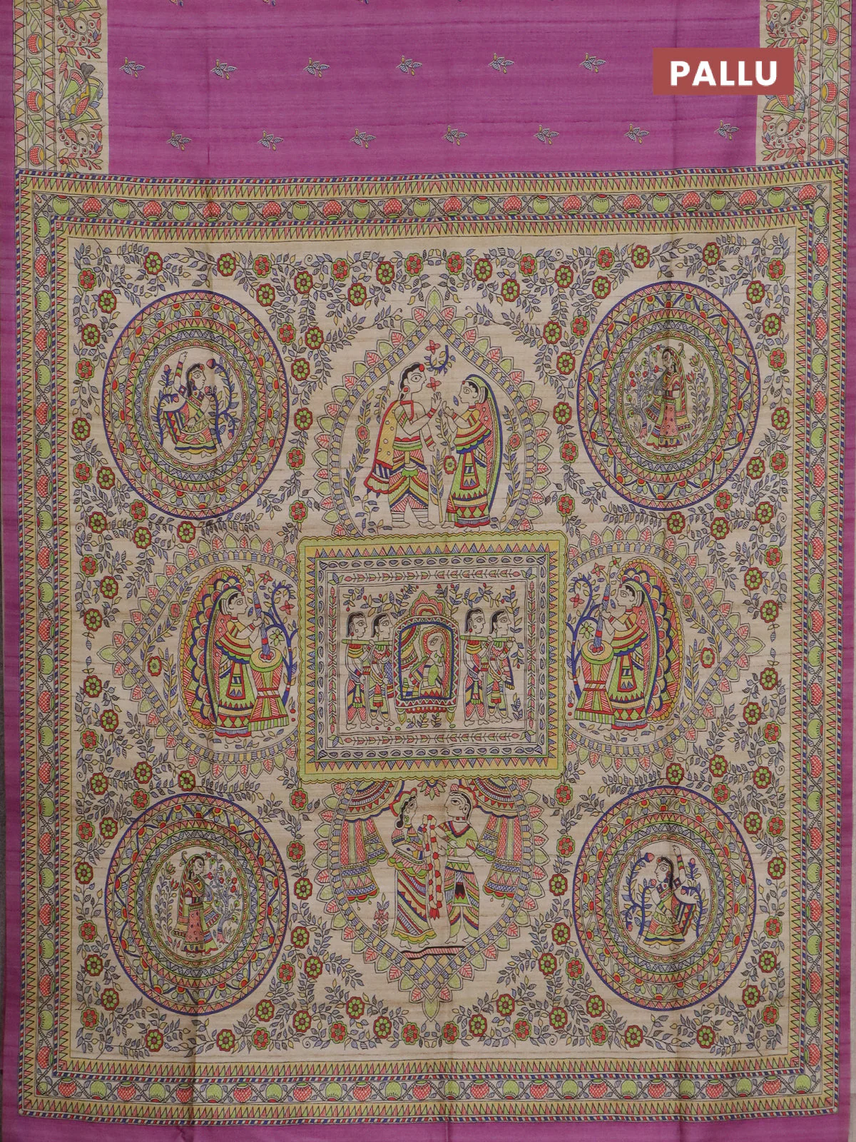 Semi tussar saree purple and beige with allover butta prints and madhubani printed pallu & border - Image 3