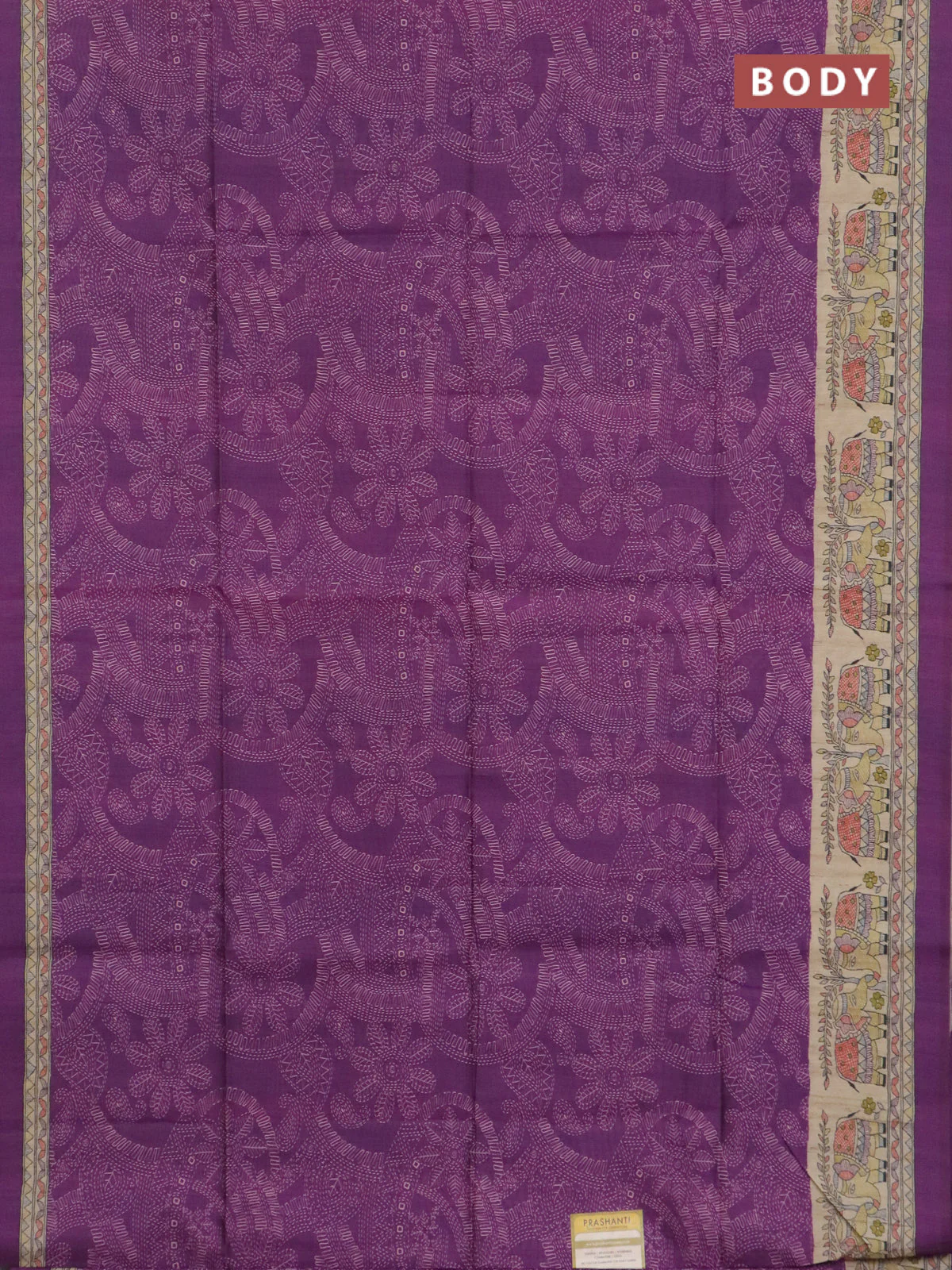 Semi tussar saree purple and beige with allover prints and madhubani printed pallu & border - Image 2