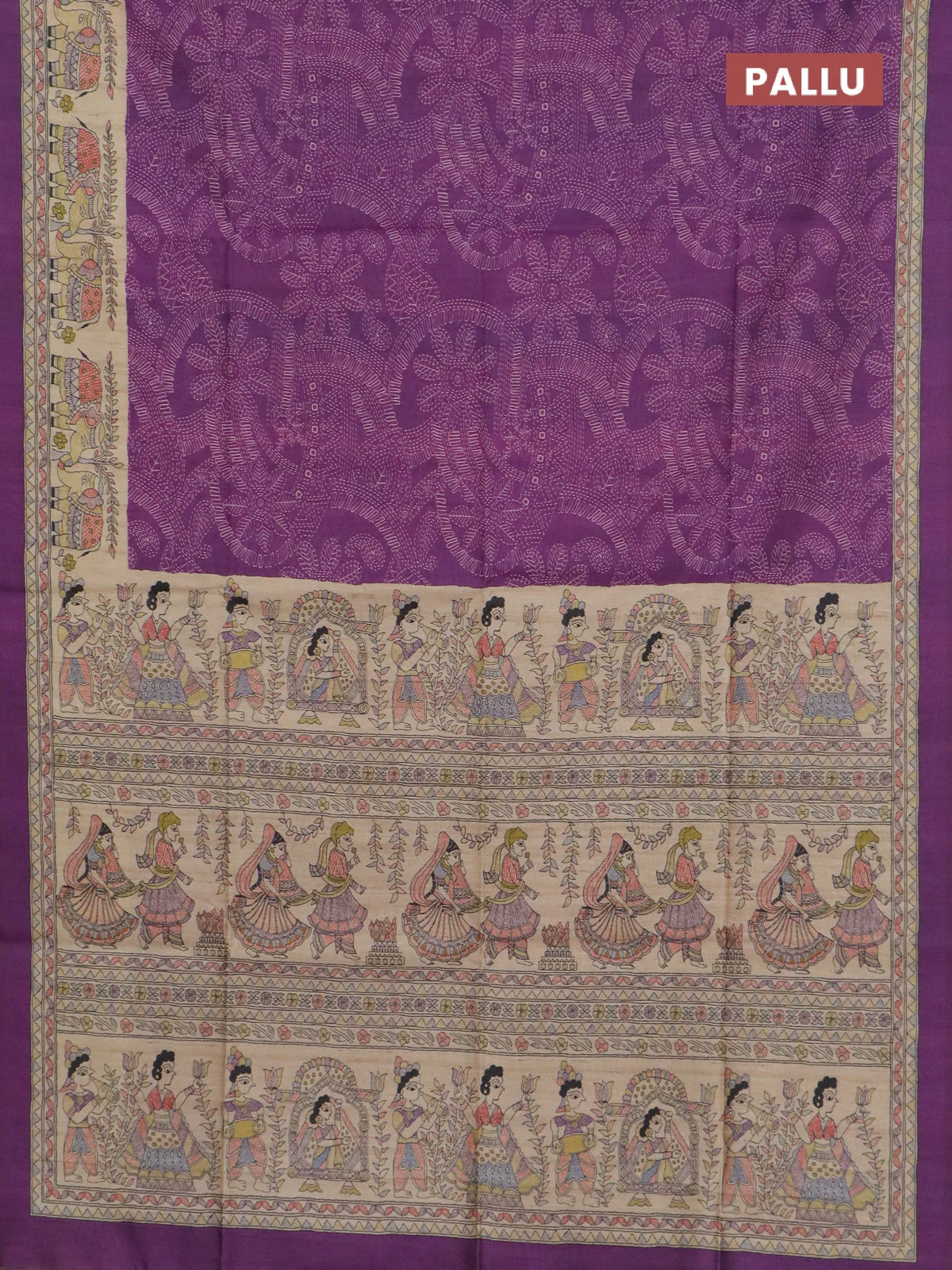 Semi tussar saree purple and beige with allover prints and madhubani printed pallu & border - Image 3