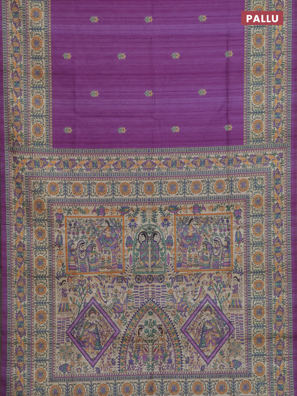 Semi tussar saree purple and beige with butta prints and madhubani printed pallu & border - Image 3