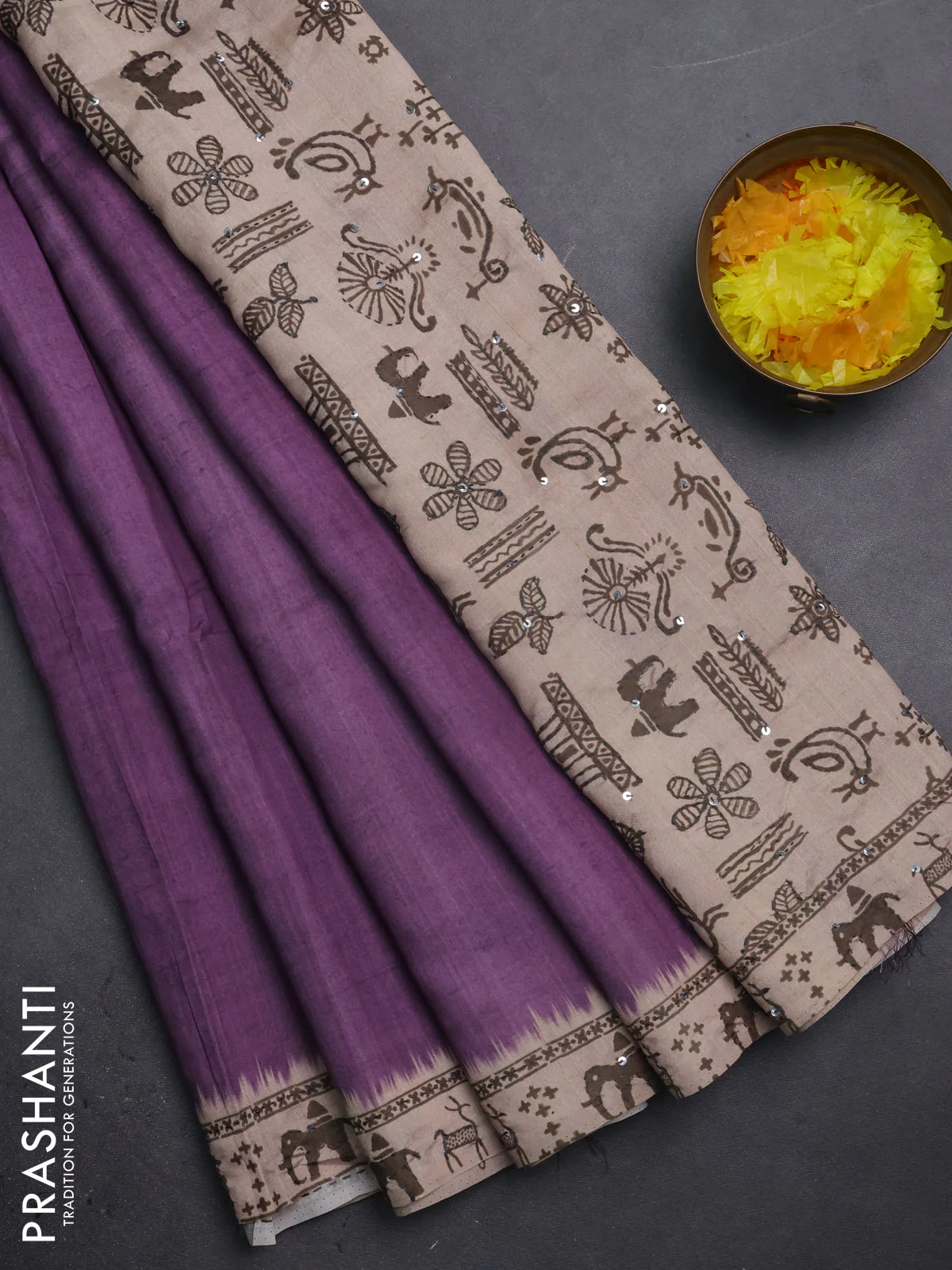 Semi tussar saree purple and beige with plain body and warli prints kantha stitch work border