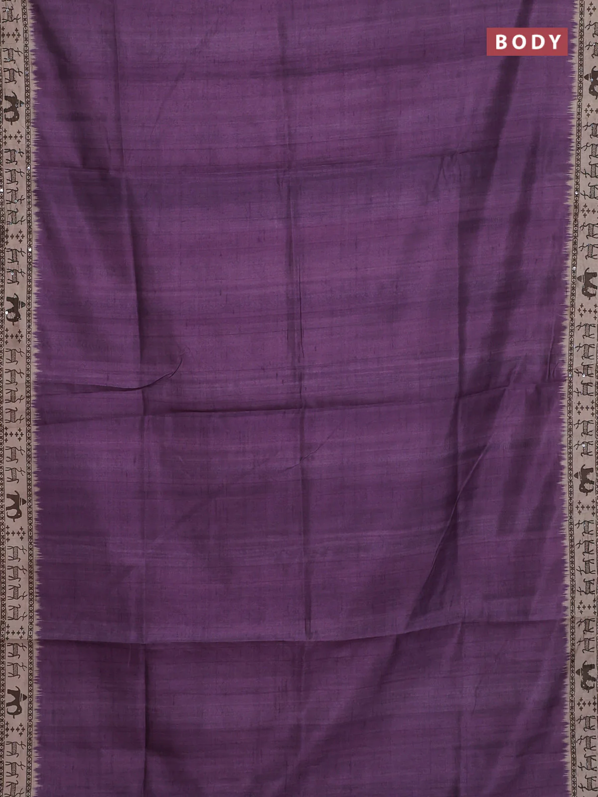 Semi tussar saree purple and beige with plain body and warli prints kantha stitch work border - Image 2